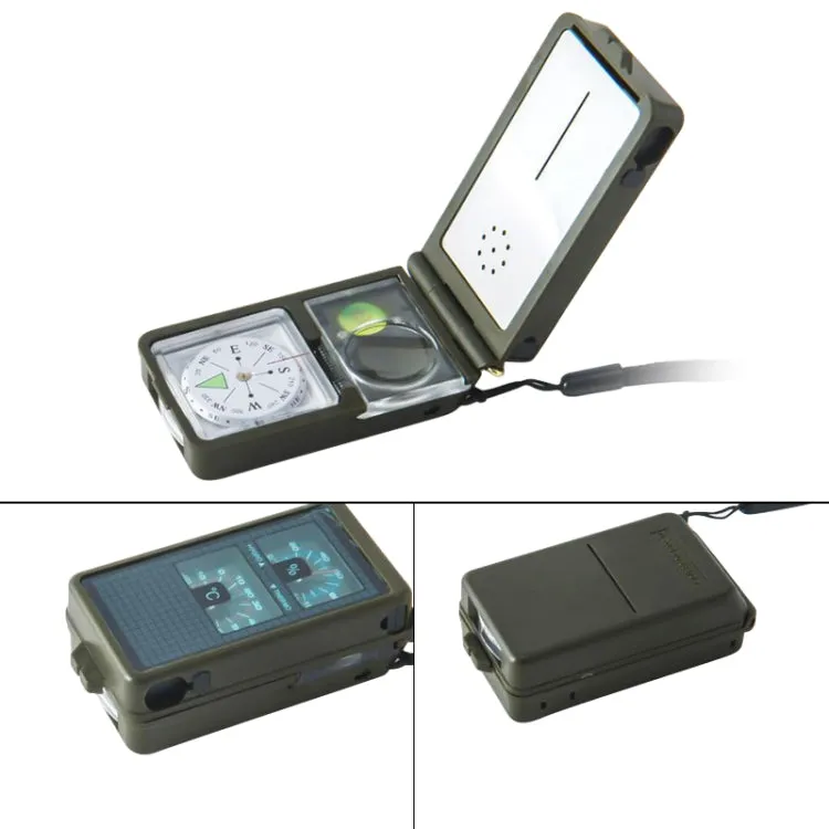 10 in 1 (Thermometer, Hygrometer, LED light, Reflector, Spirit level, Compass, Whistle, Flint, Magnifier, Ruler) Multi-Function Portable Compass