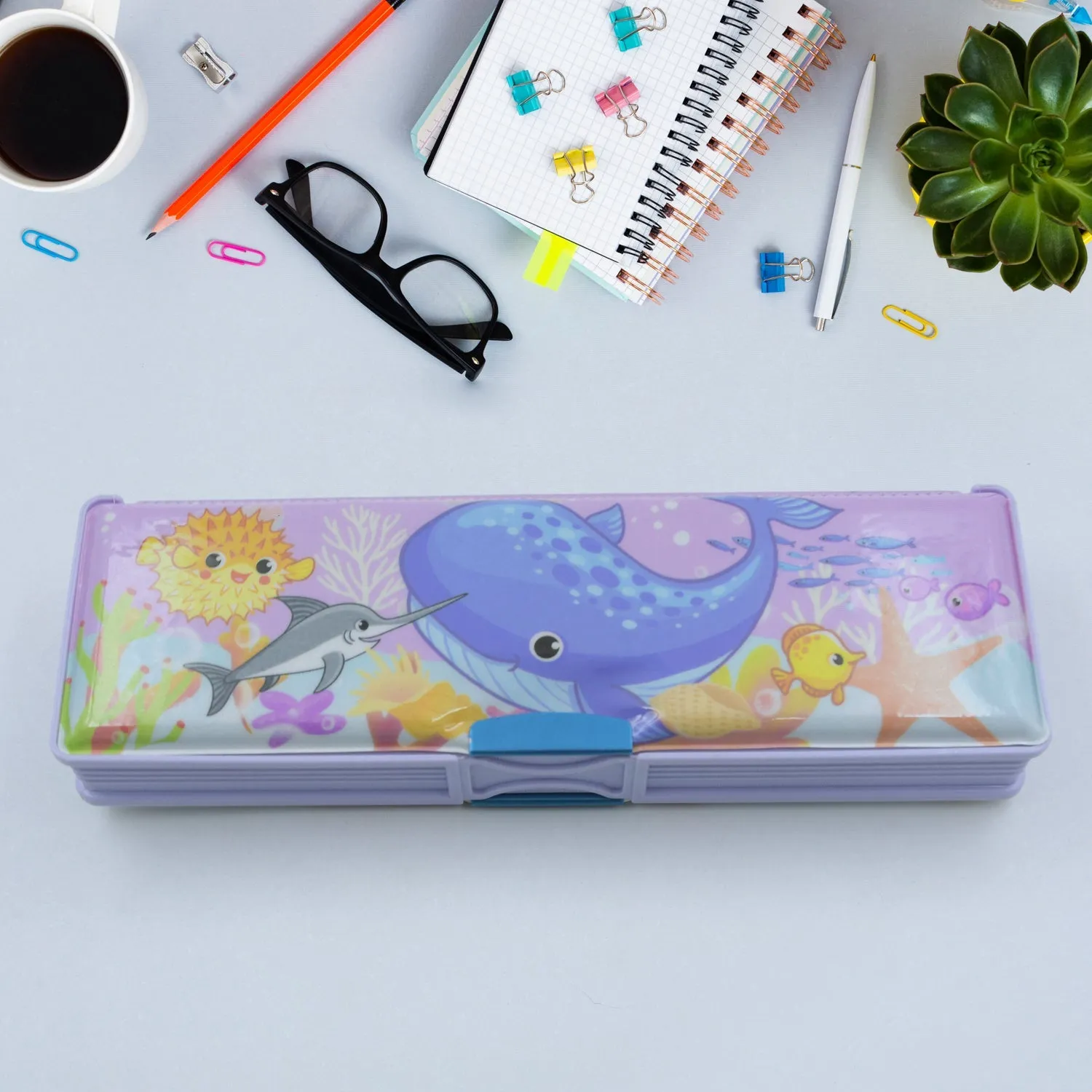 4138 Multipurpose Compass Box, Plastic Double Deck Pencil Case with 2 Compartments, Supplies Utility Box Storage Organizer, Pencil Box for School, Cartoon Printed Pencil Case for Kids, Birthday Gift for Girls & Boys