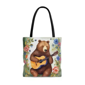 Bear Playing Guitar Rustic Folk Art Tote Bag - Cute Cottagecore Totebag Makes the Perfect Gift