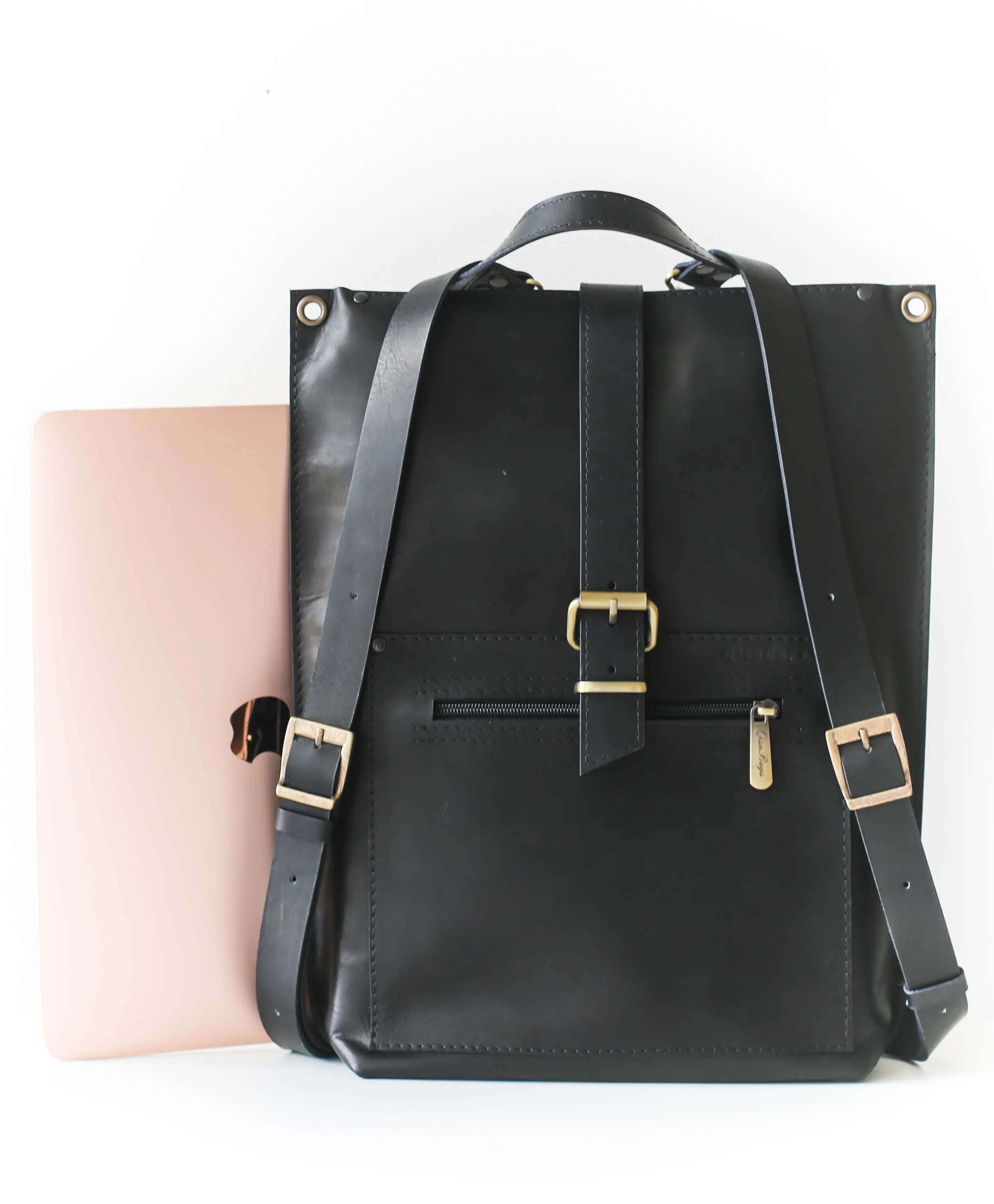 Black Leather Laptop Backpack w/Zipper - Buckle Edition