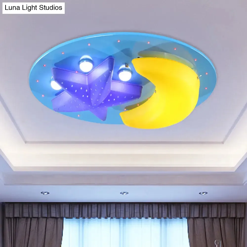 Blue Star Moon Cartoon Wood Ceiling Lamp for Kids Bedroom