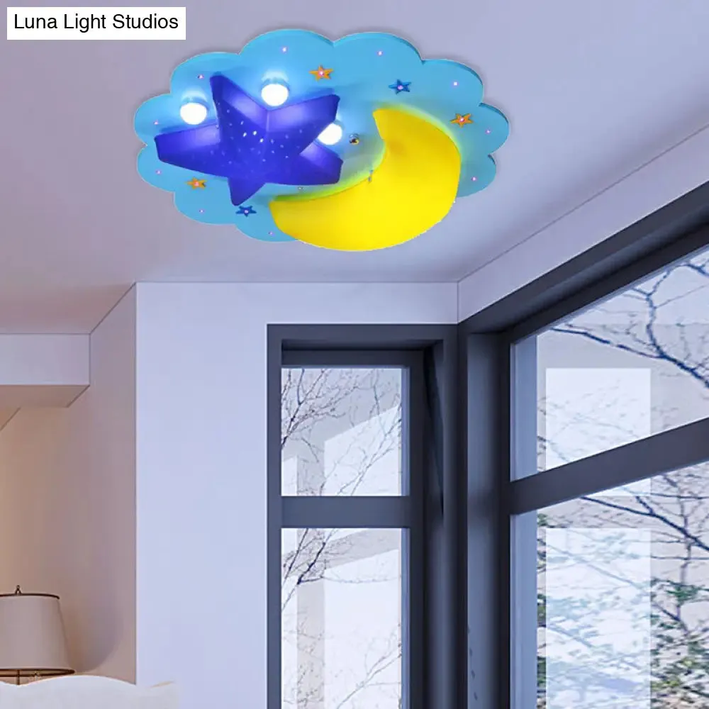 Blue Star Moon Cartoon Wood Ceiling Lamp for Kids Bedroom