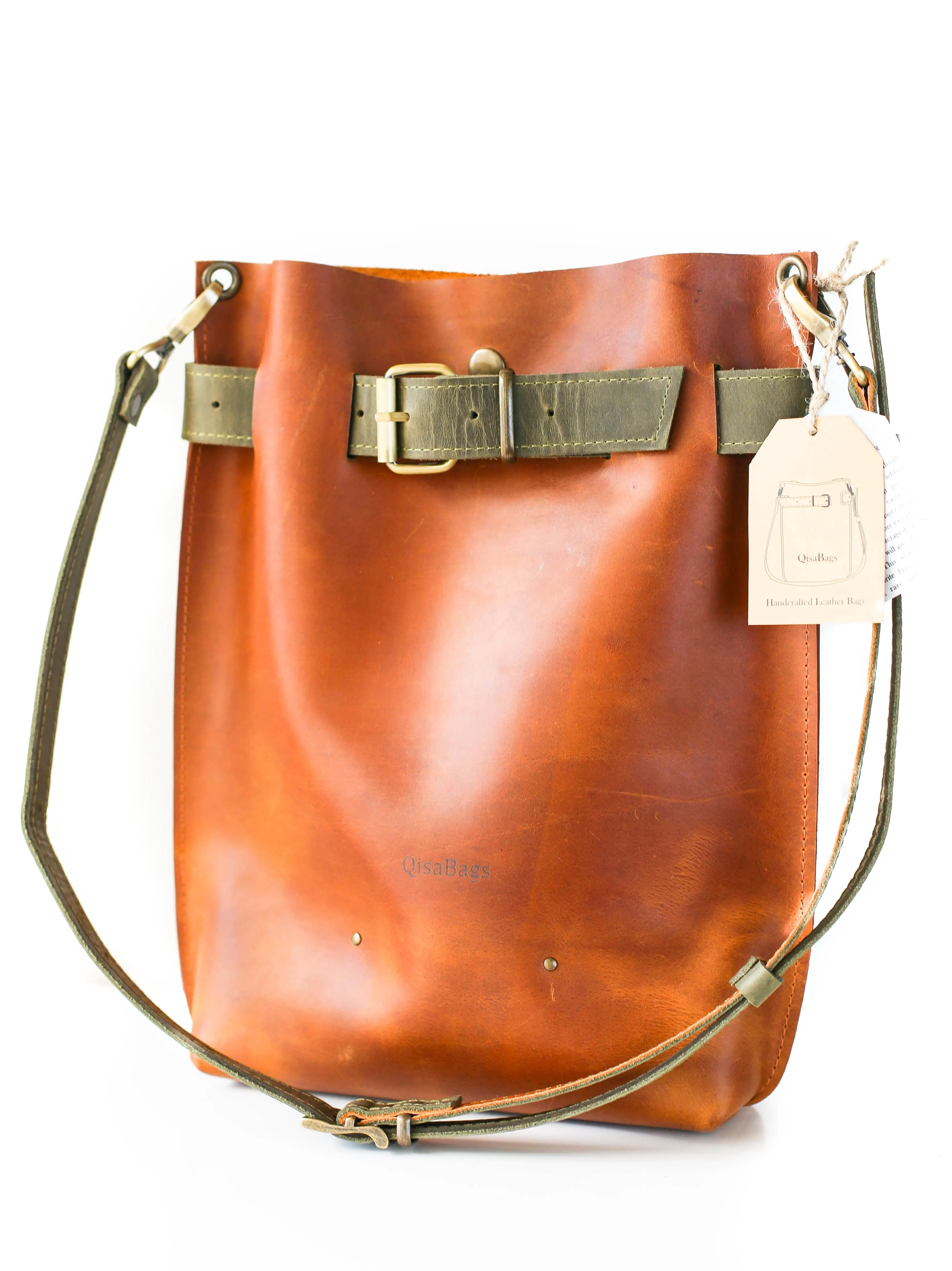 Cognac Brown Leather Bag w/Green