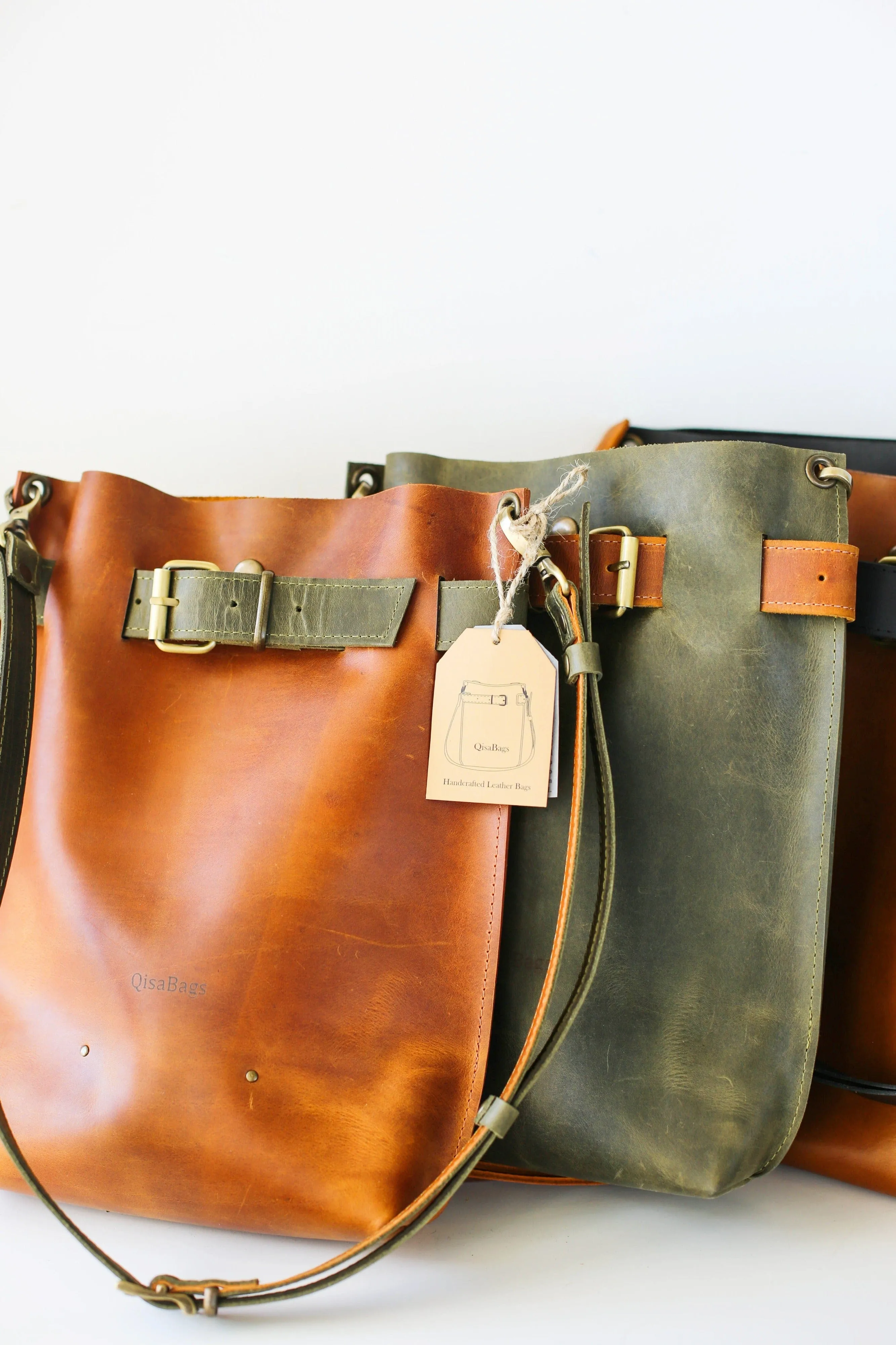 Cognac Brown Leather Bag w/Green