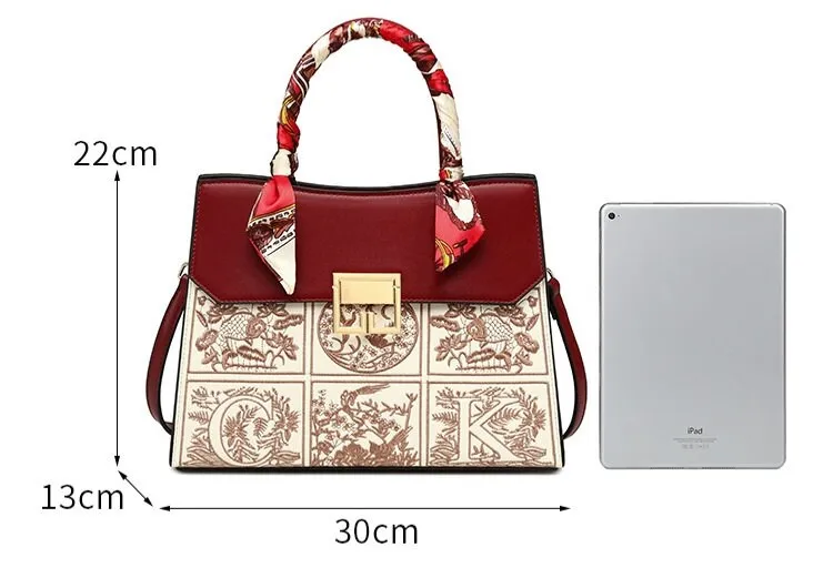 Cute Red Minimalist Embroidered Pattern Luxury Genuine Leather Handheld Handbag for Women   Wrapped Satin Scarf, Shoulder Bag, Crossbody Bag