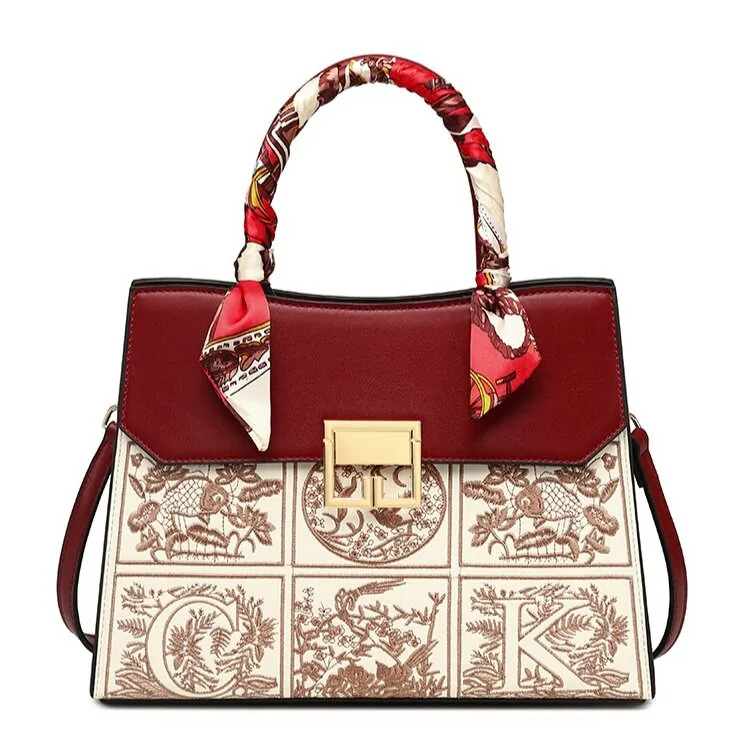 Cute Red Minimalist Embroidered Pattern Luxury Genuine Leather Handheld Handbag for Women   Wrapped Satin Scarf, Shoulder Bag, Crossbody Bag