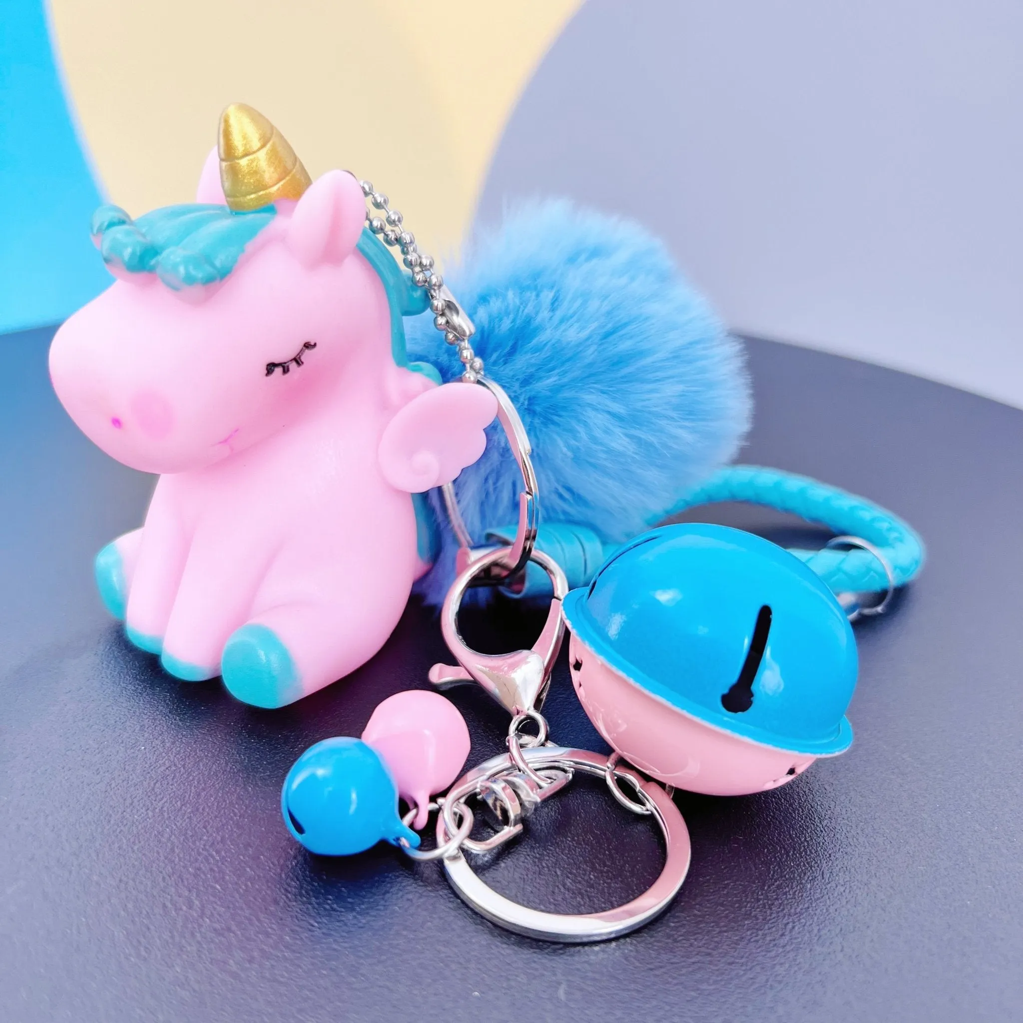 Cute Unicorn Keychain for Car Keys Bag Charm Pendant with Fur Ball Bell