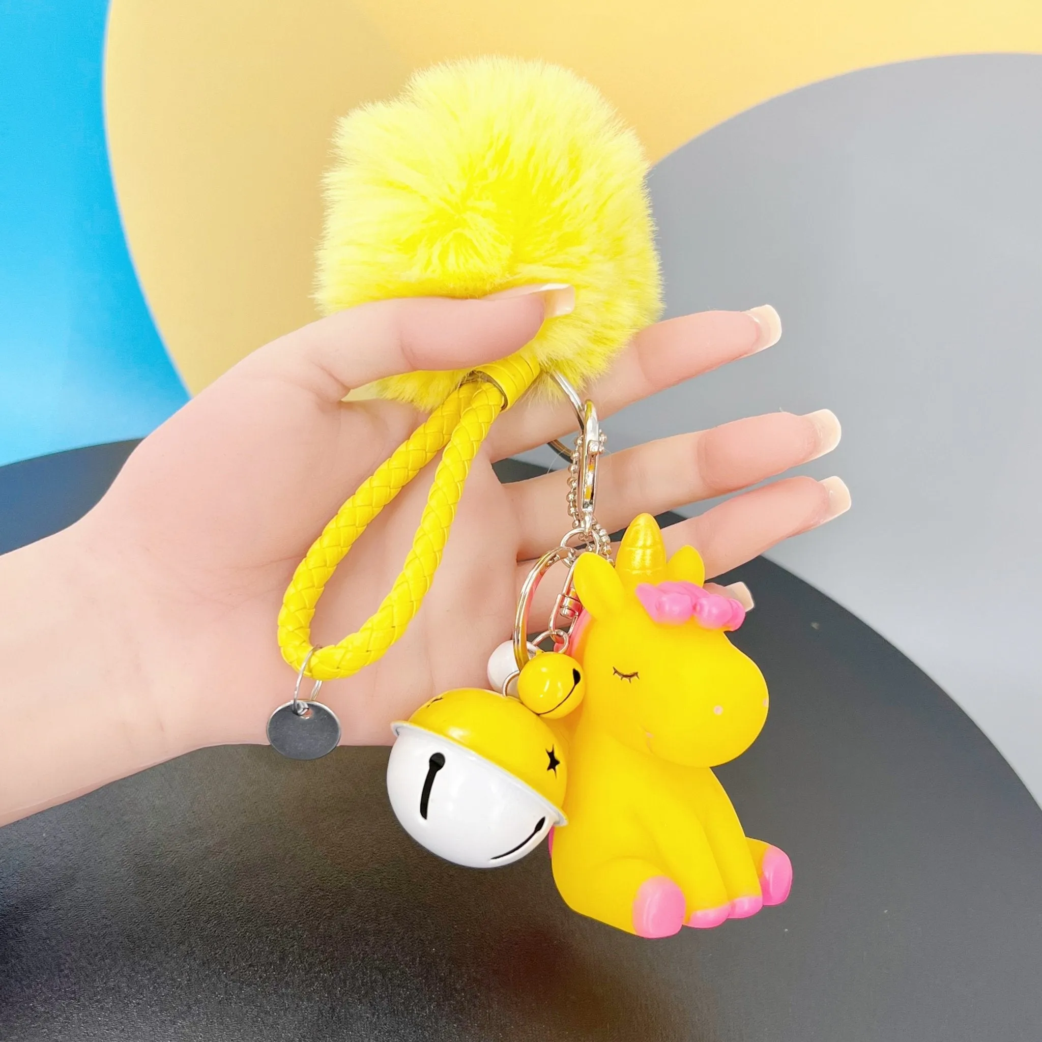 Cute Unicorn Keychain for Car Keys Bag Charm Pendant with Fur Ball Bell