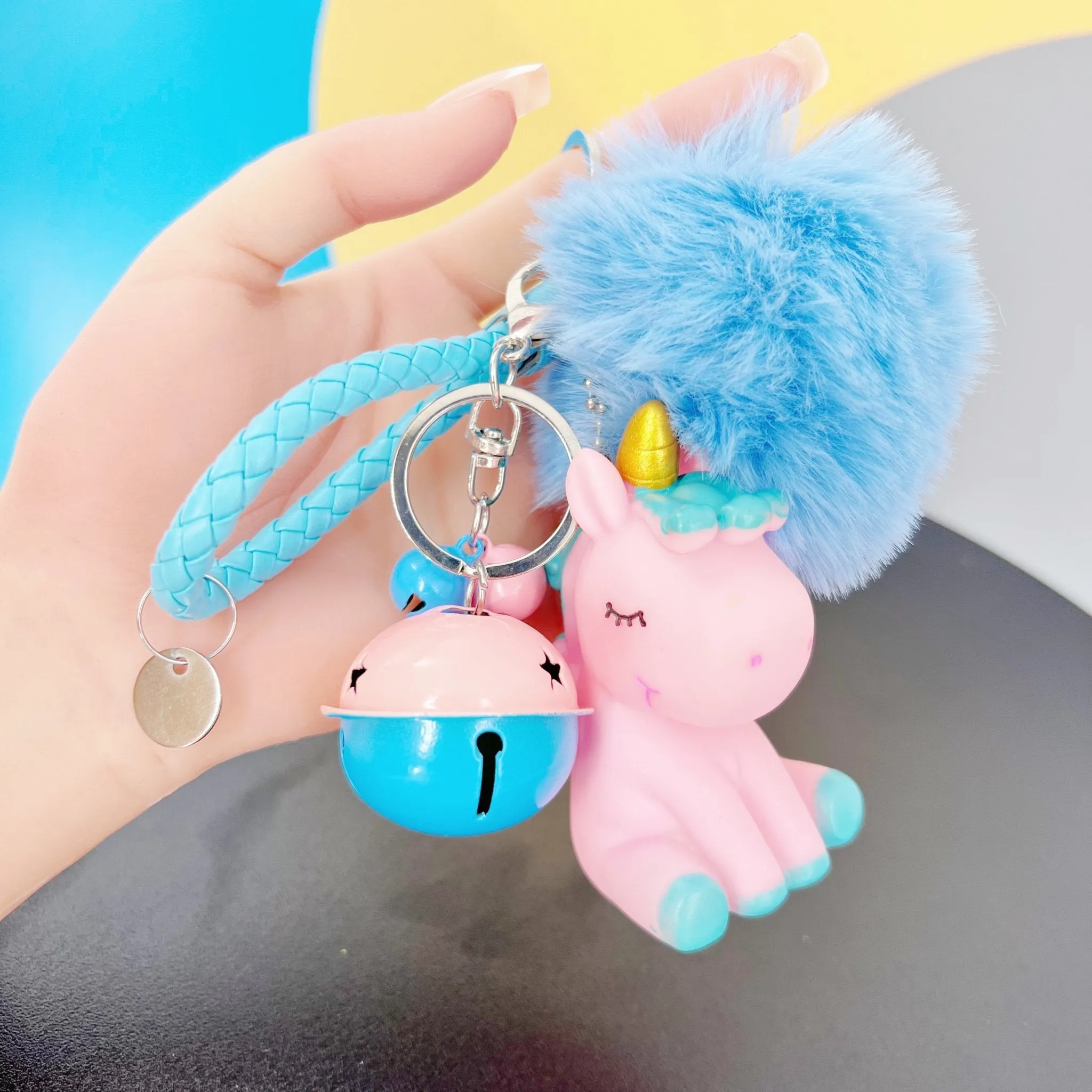 Cute Unicorn Keychain for Car Keys Bag Charm Pendant with Fur Ball Bell