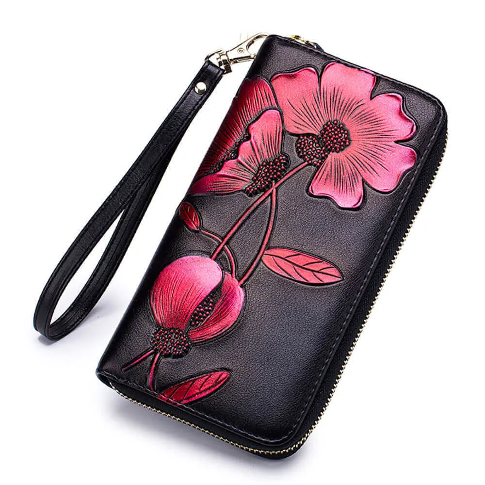 Elegant Floral Embossed RFID Women’s Wallet NZ – Handcrafted Leather