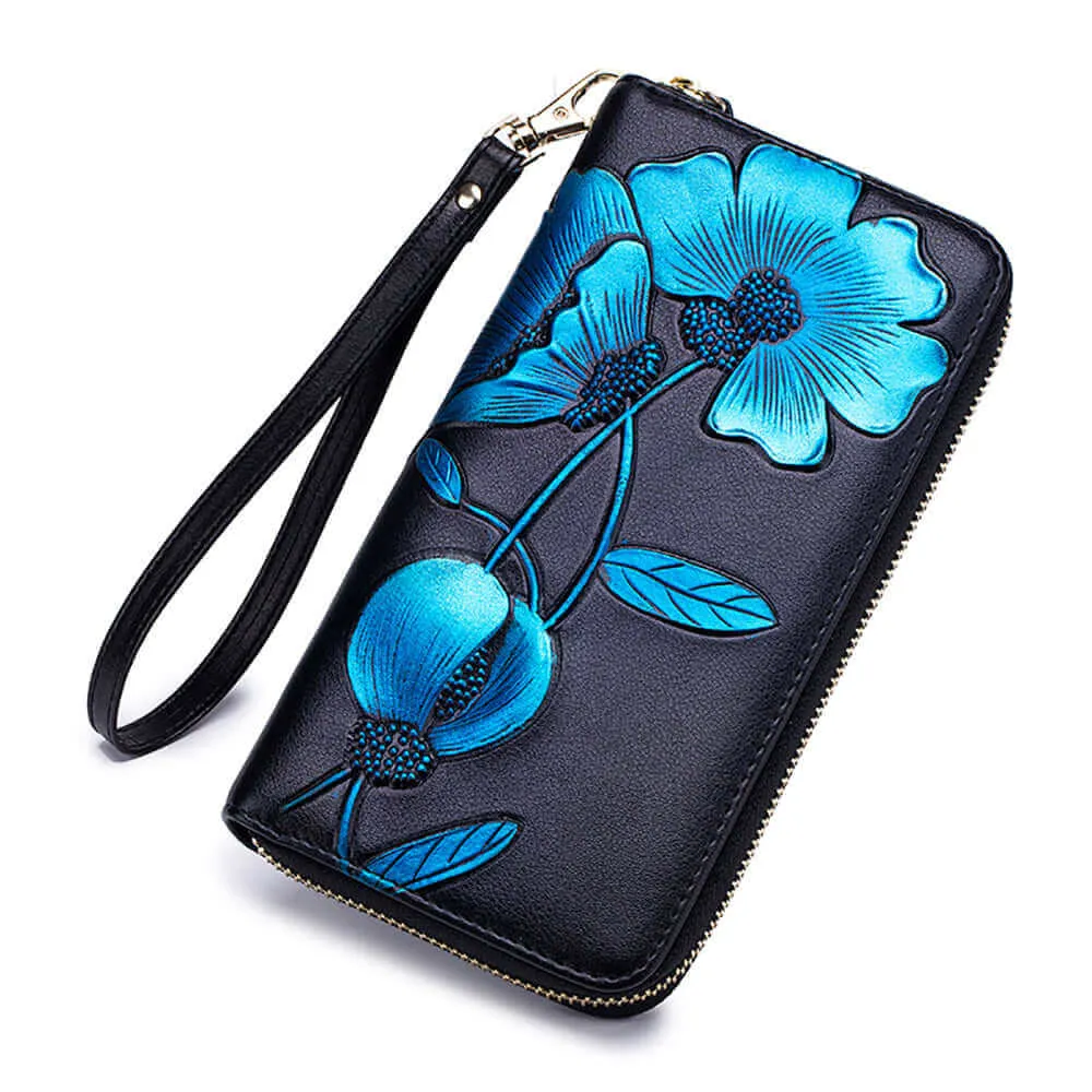 Elegant Floral Embossed RFID Women’s Wallet NZ – Handcrafted Leather