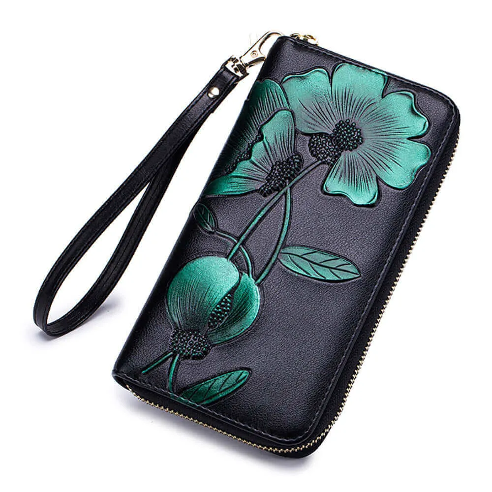 Elegant Floral Embossed RFID Women’s Wallet NZ – Handcrafted Leather