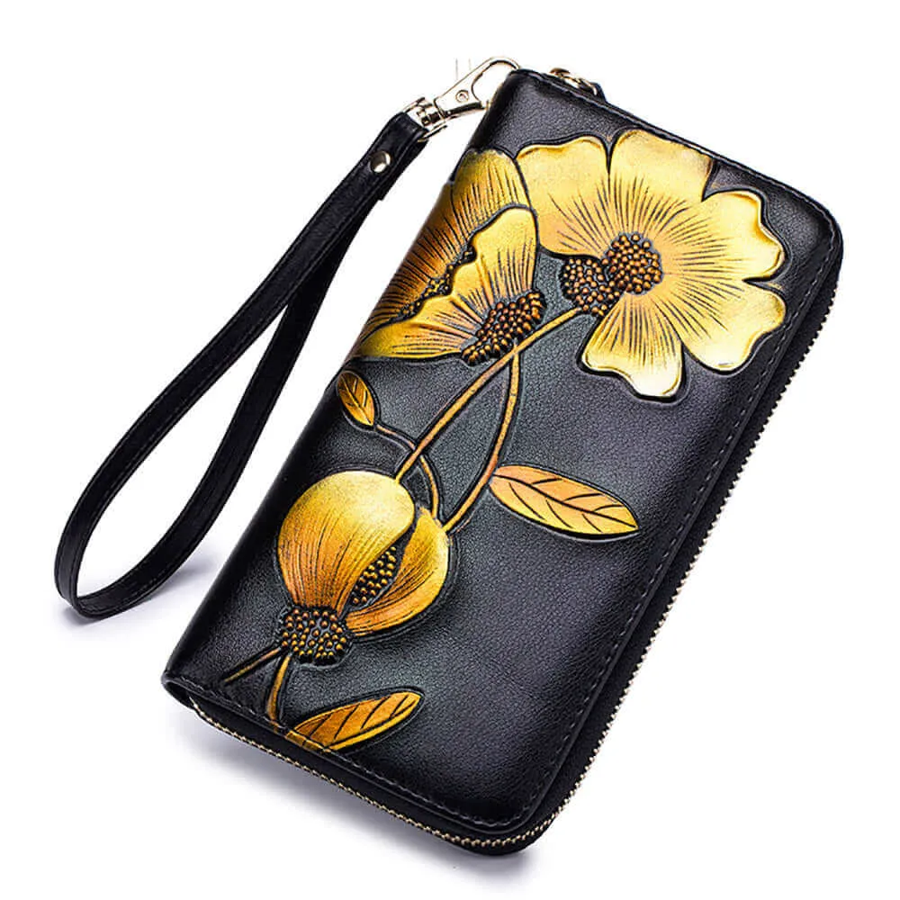 Elegant Floral Embossed RFID Women’s Wallet NZ – Handcrafted Leather