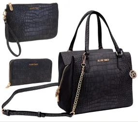 Ellen Tracy Croco Satchel Handbag & Zip Around Wallet & Wristlet Pouch Set