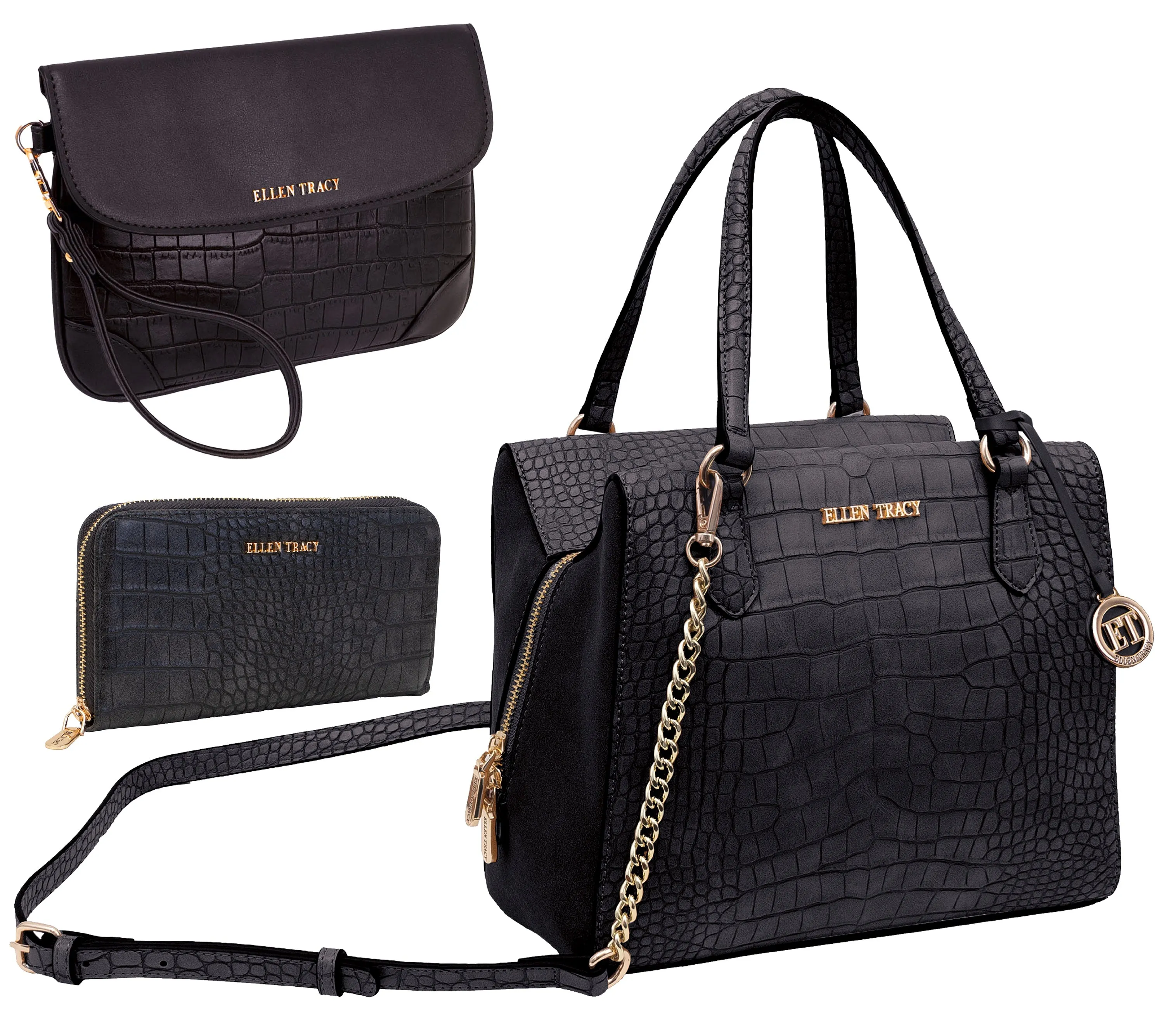 Ellen Tracy Croco Satchel Handbag & Zip Around Wallet & Wristlet Pouch Set