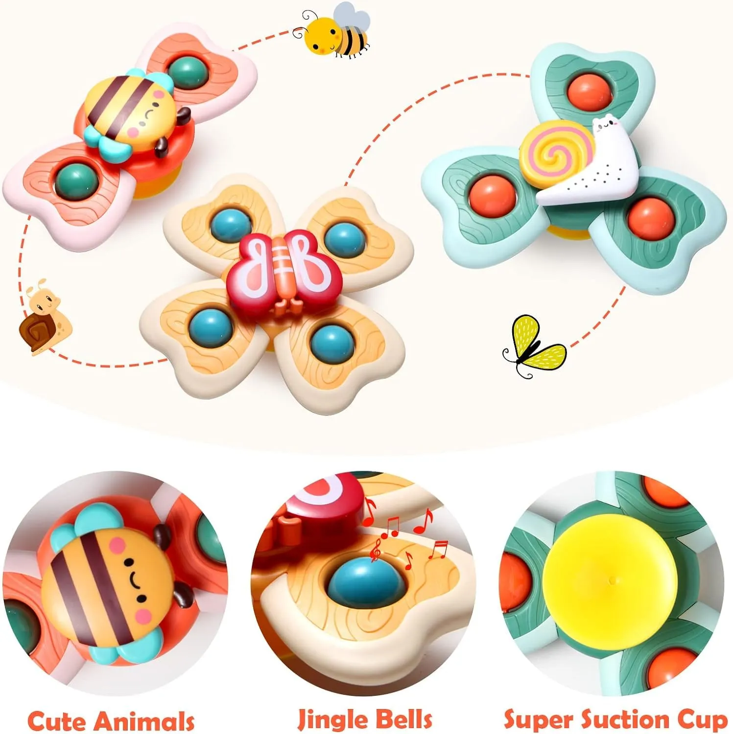 FUNVERSE® Baby Bath Toys for Kids - 3 PCS Suction Cup Bath Toy for Baby Boys Girls, Waterproof Suction Cup Spinning Top Rotating Montessori Learning Toy Sticks to Smooth Surface