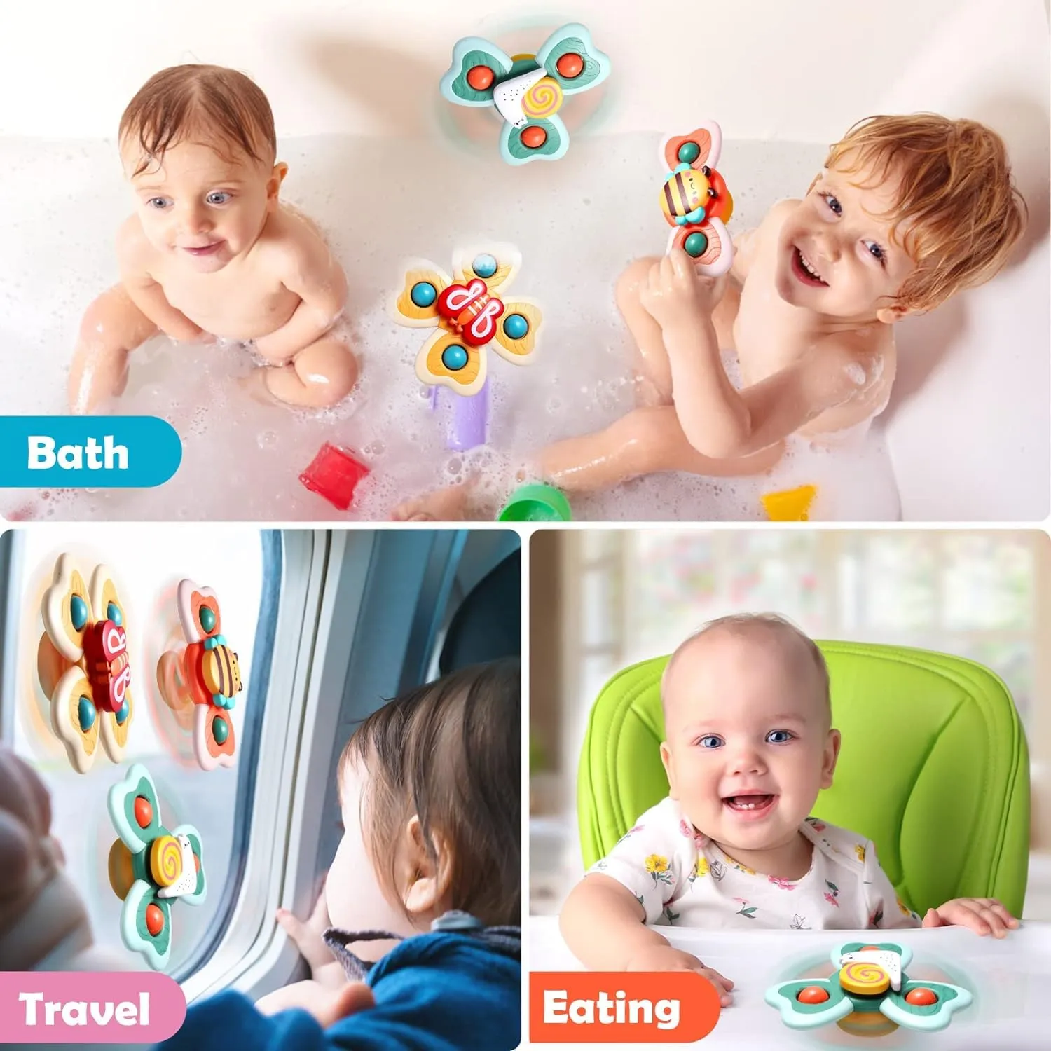 FUNVERSE® Baby Bath Toys for Kids - 3 PCS Suction Cup Bath Toy for Baby Boys Girls, Waterproof Suction Cup Spinning Top Rotating Montessori Learning Toy Sticks to Smooth Surface