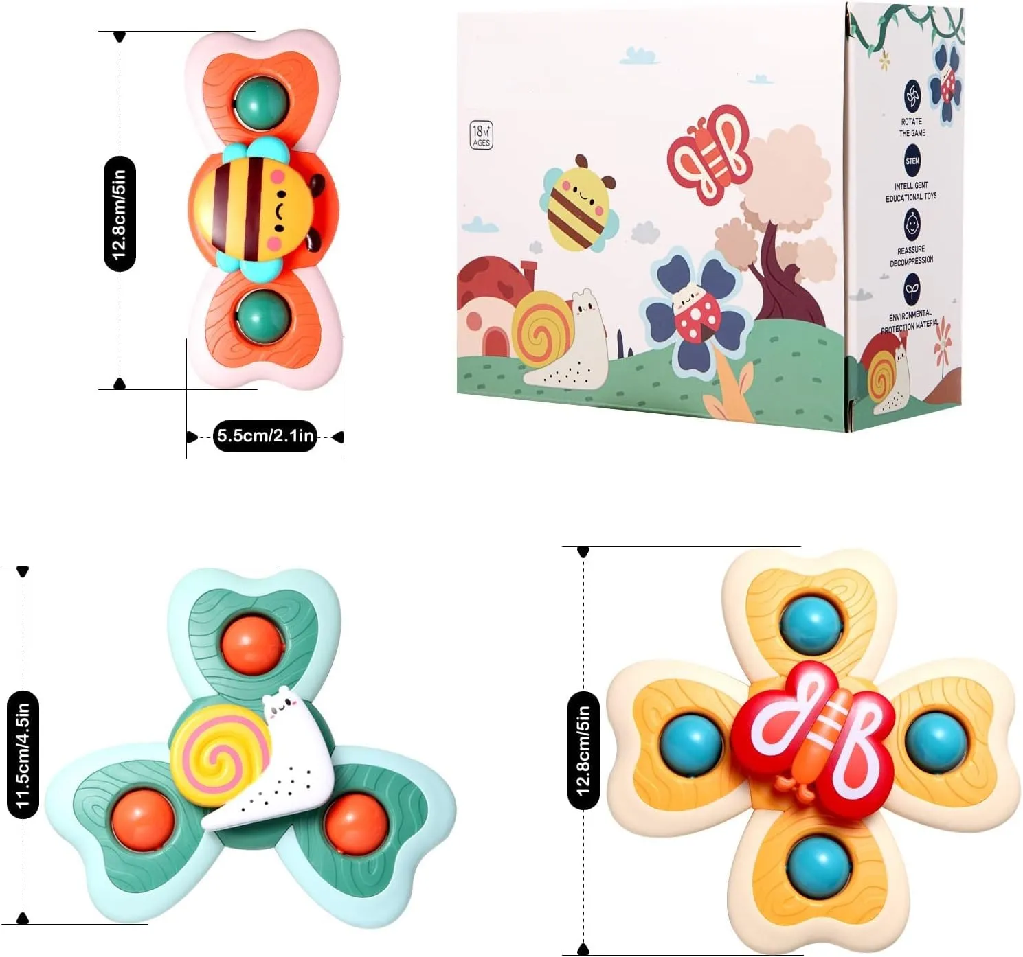 FUNVERSE® Baby Bath Toys for Kids - 3 PCS Suction Cup Bath Toy for Baby Boys Girls, Waterproof Suction Cup Spinning Top Rotating Montessori Learning Toy Sticks to Smooth Surface