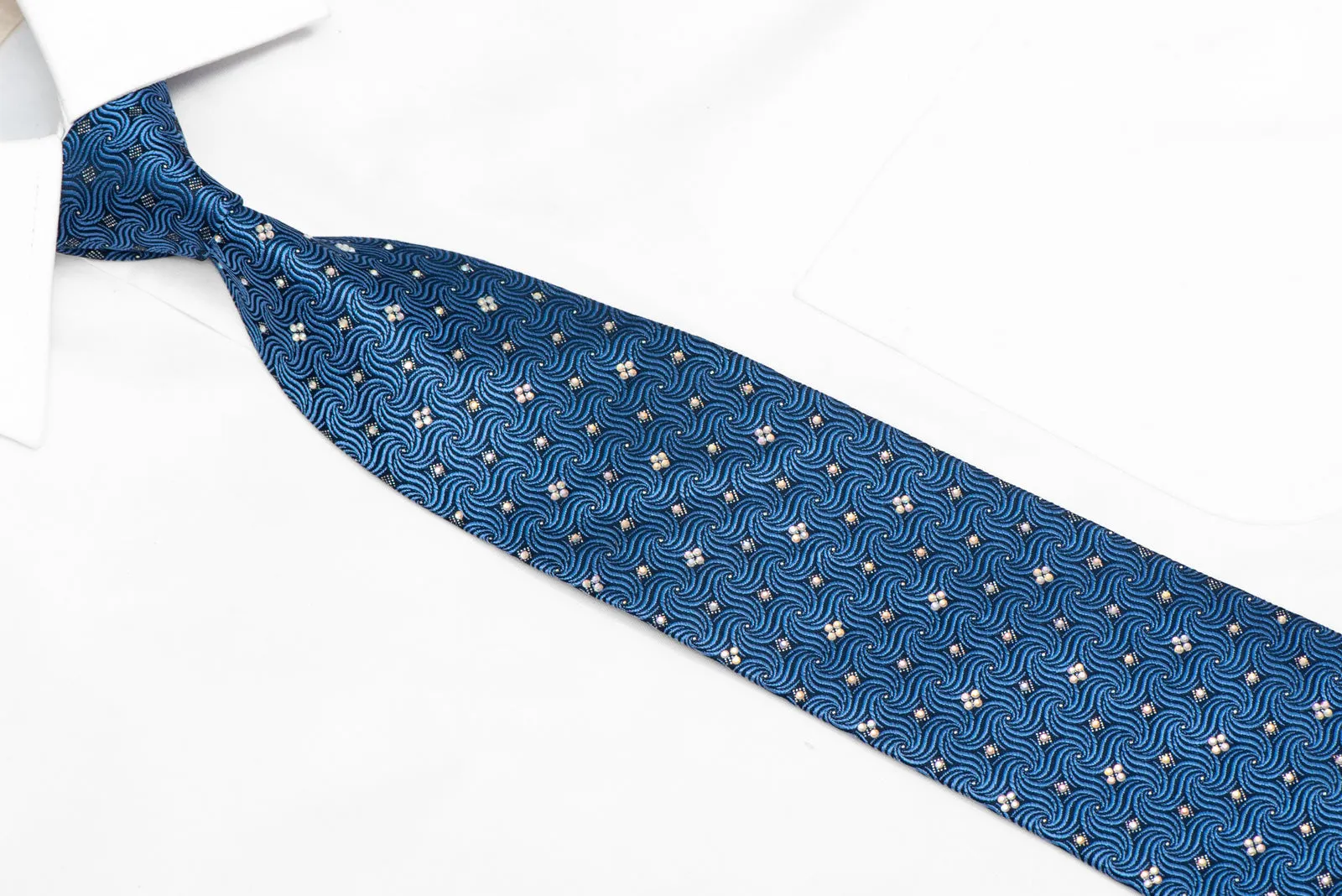 Geometric On Dark Blue Rhinestone Silk Necktie With Silver Sparkles