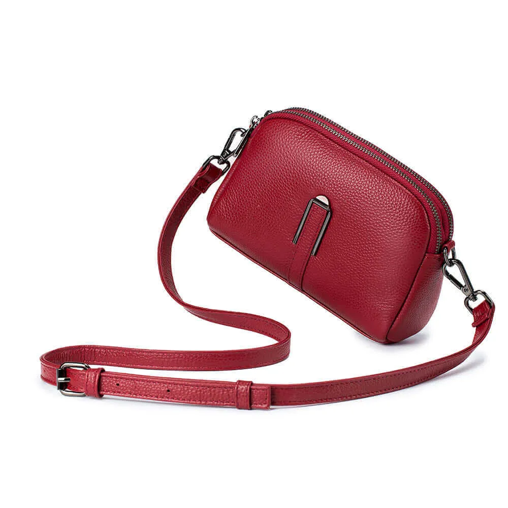 Leather Double Zipper Shoulder Crossbody Bag