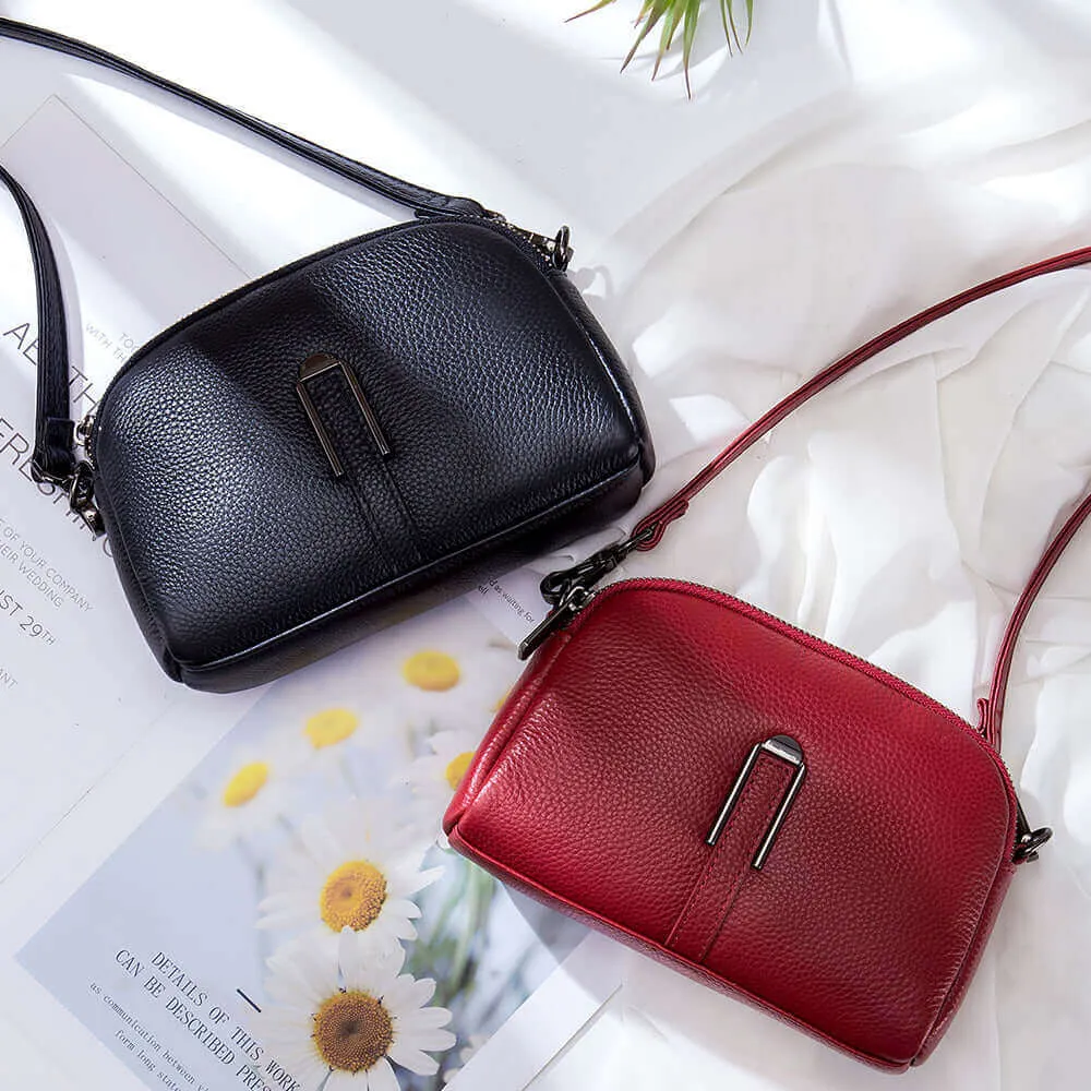 Leather Double Zipper Shoulder Crossbody Bag