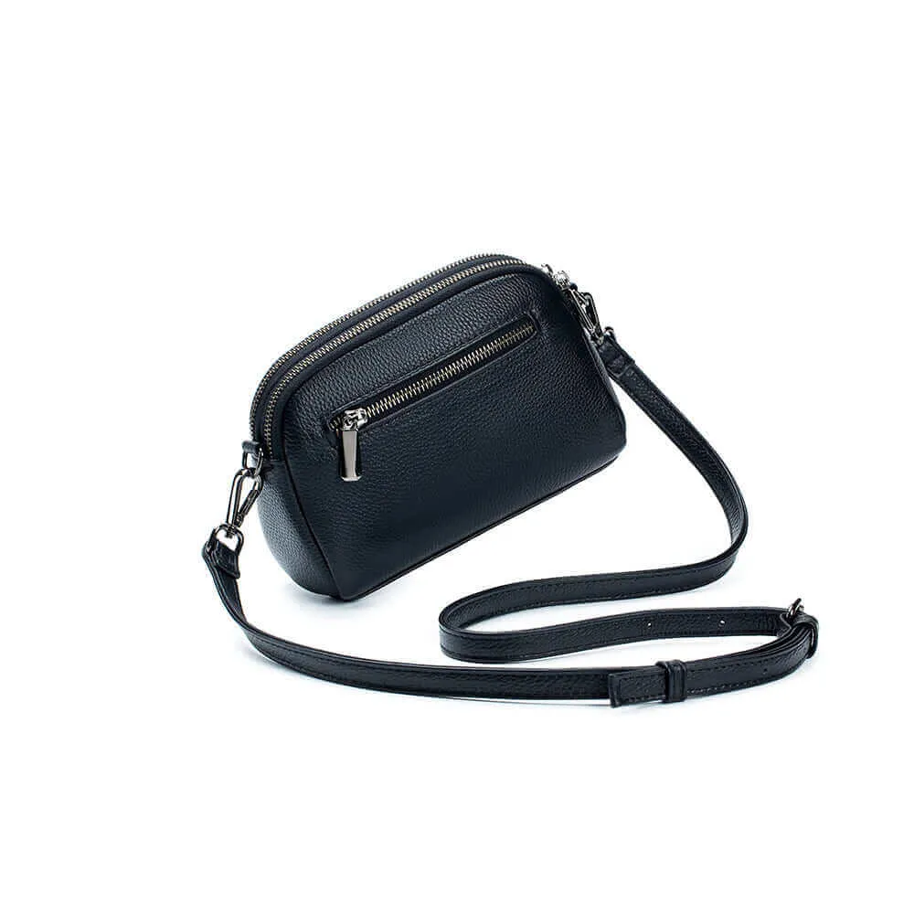 Leather Double Zipper Shoulder Crossbody Bag