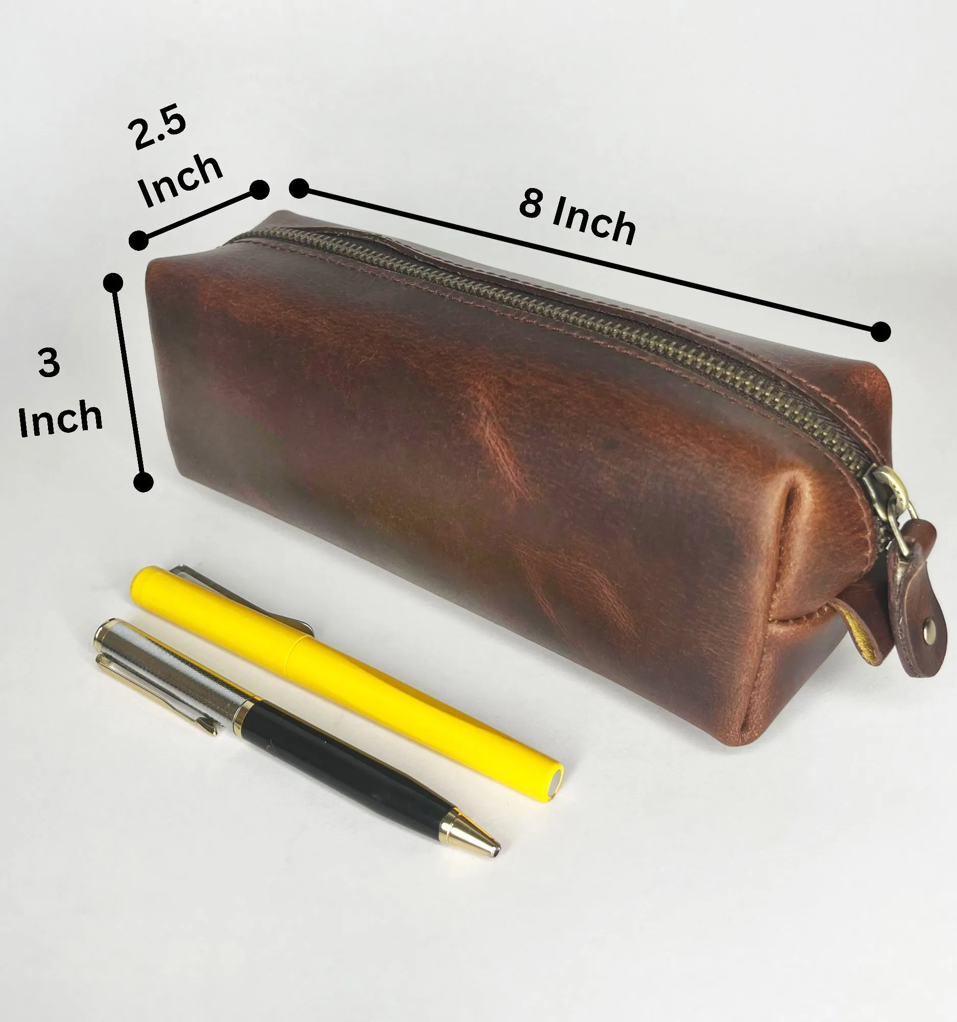 Leather Pencil Case - Handcrafted Premium Zippered Pen Pouch (Walnut Brown)