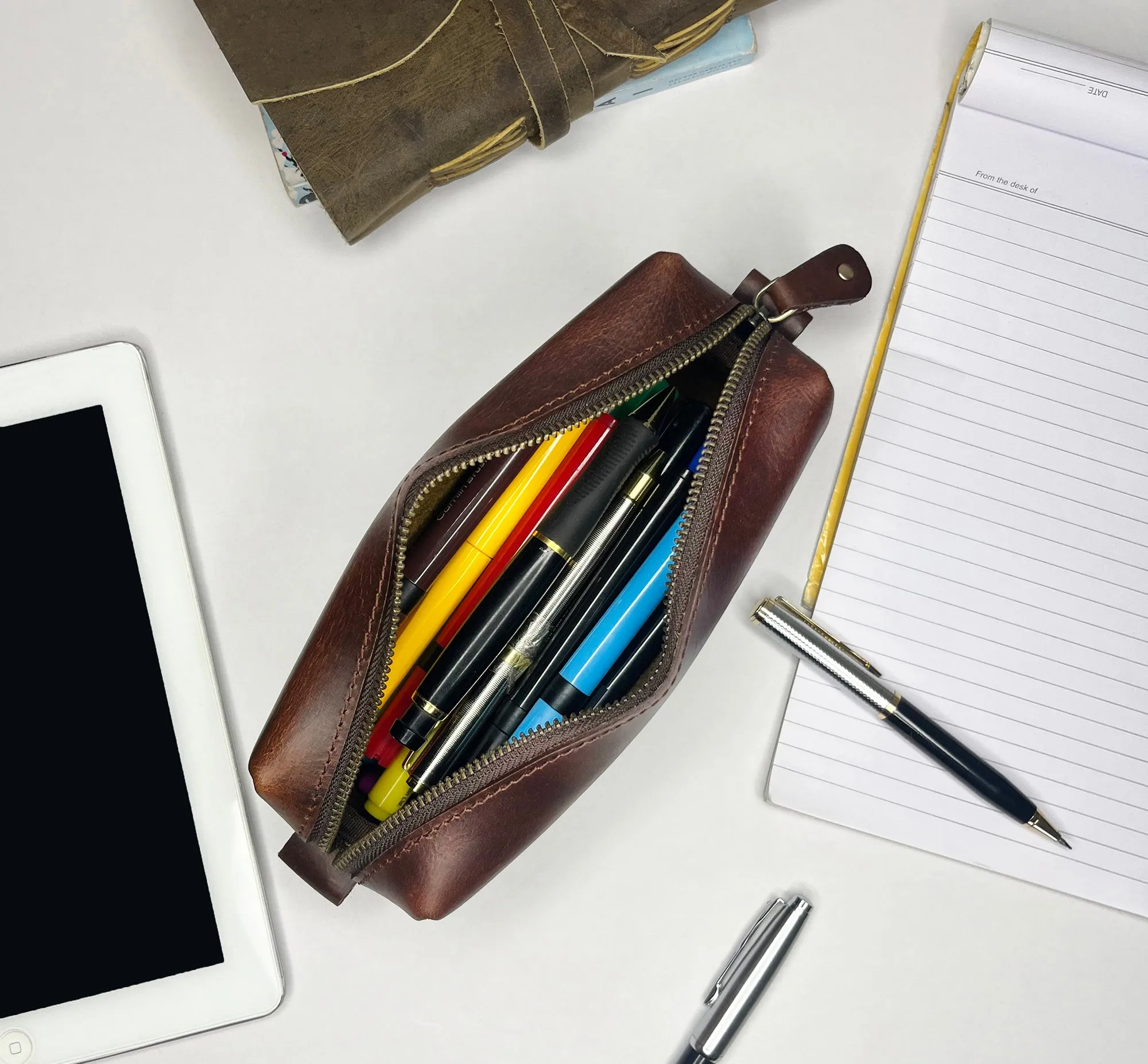 Leather Pencil Case - Handcrafted Premium Zippered Pen Pouch (Walnut Brown)