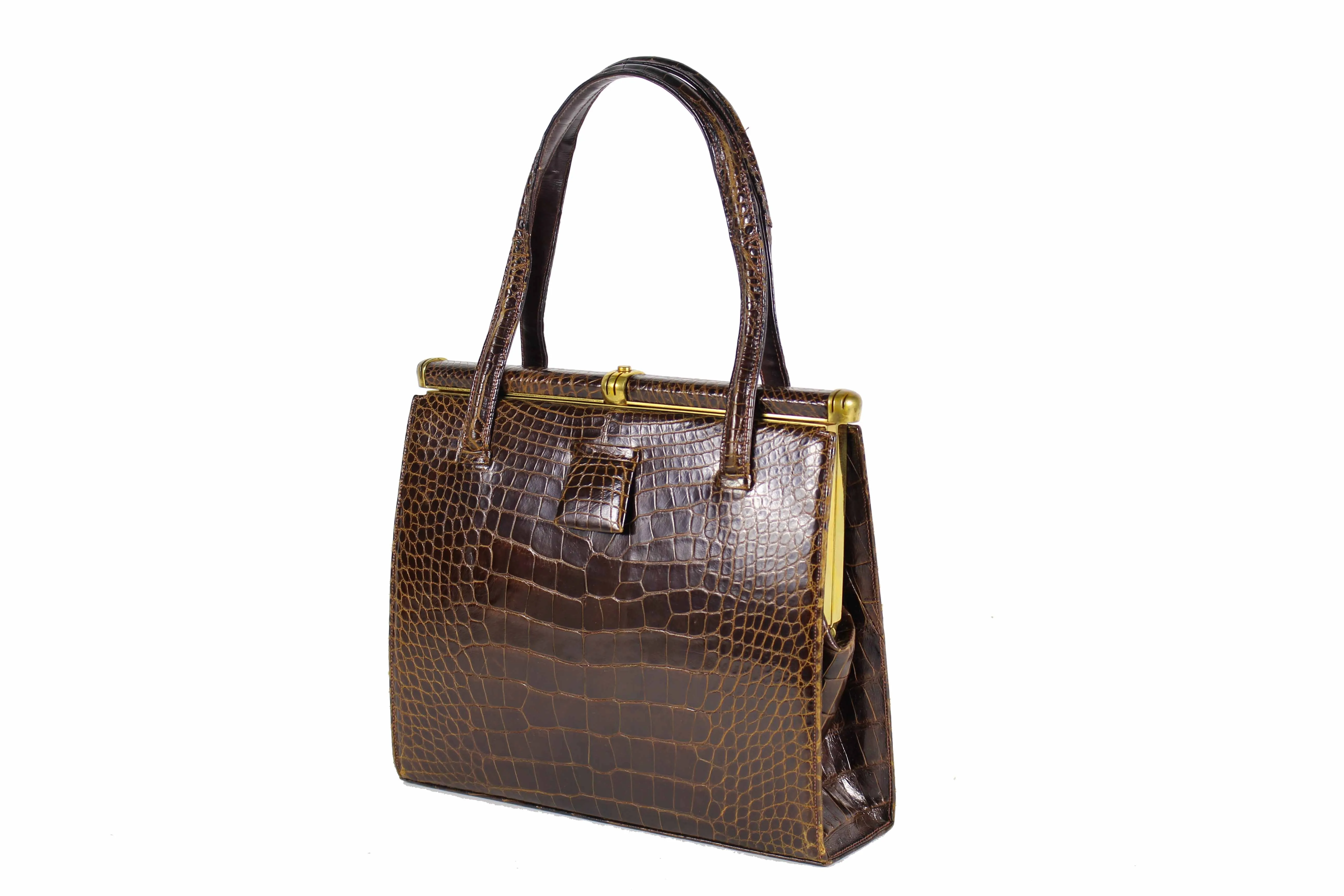 LUCILLE DE PARIS brown crocodile skin handbag double handle