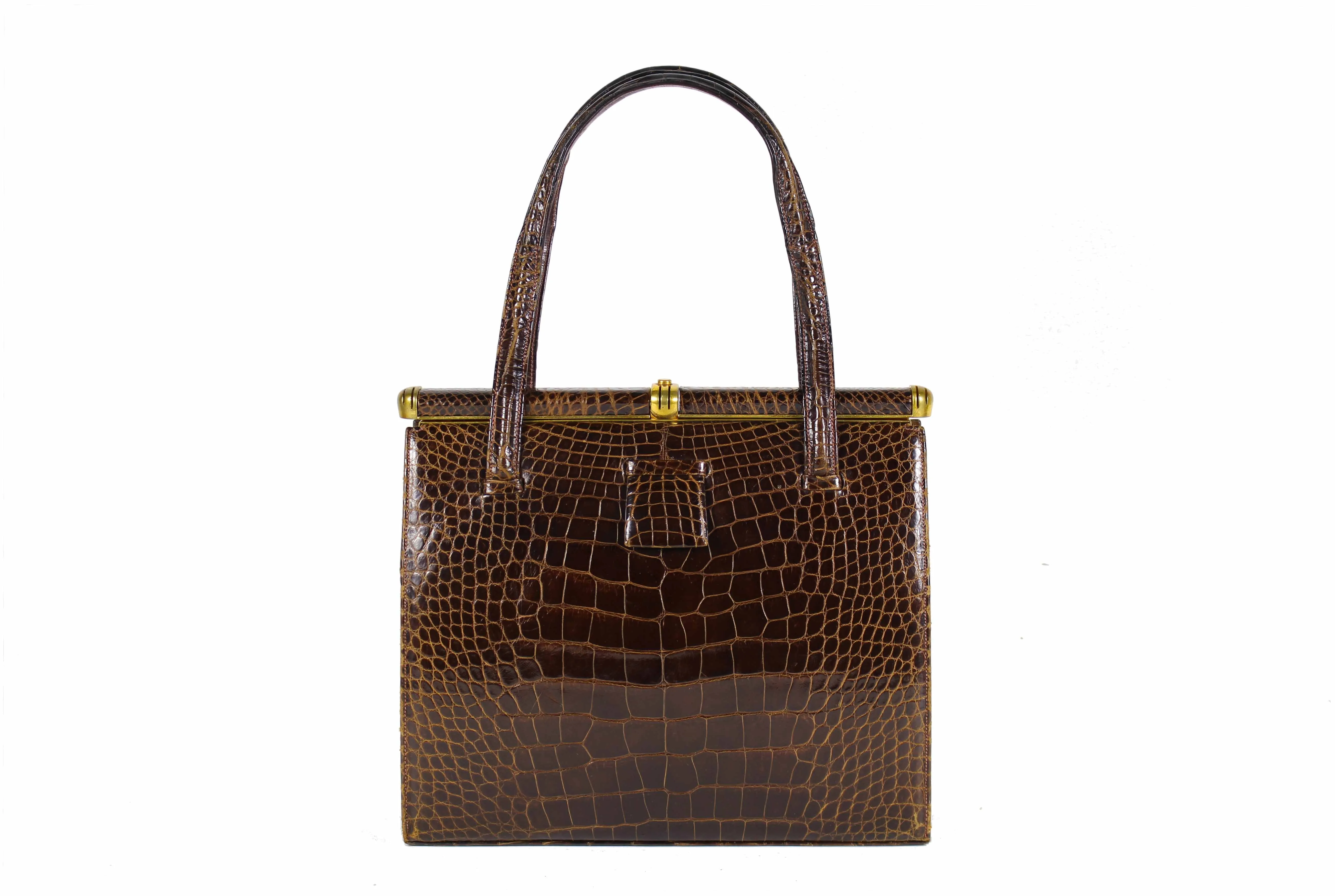 LUCILLE DE PARIS brown crocodile skin handbag double handle