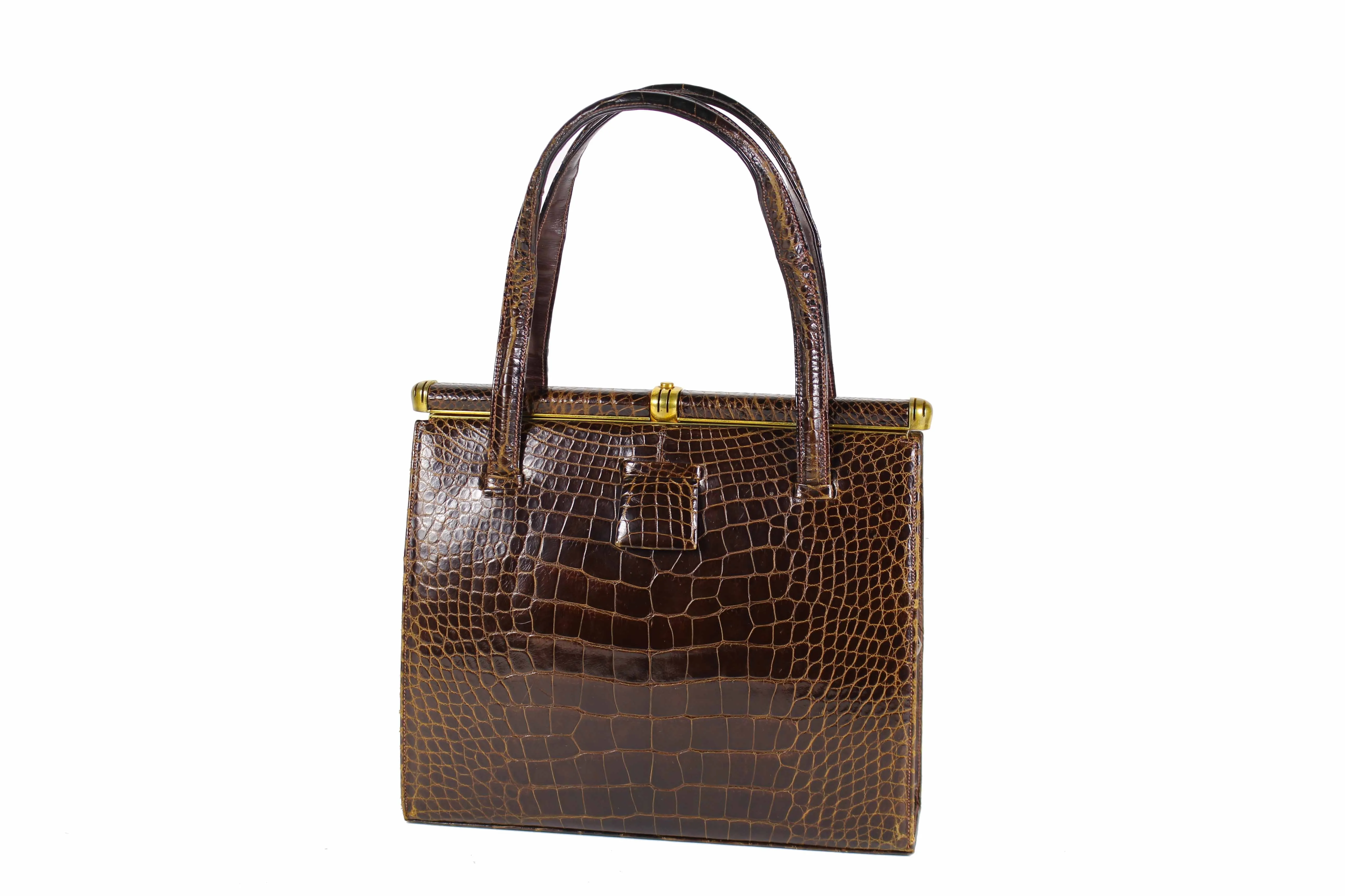 LUCILLE DE PARIS brown crocodile skin handbag double handle