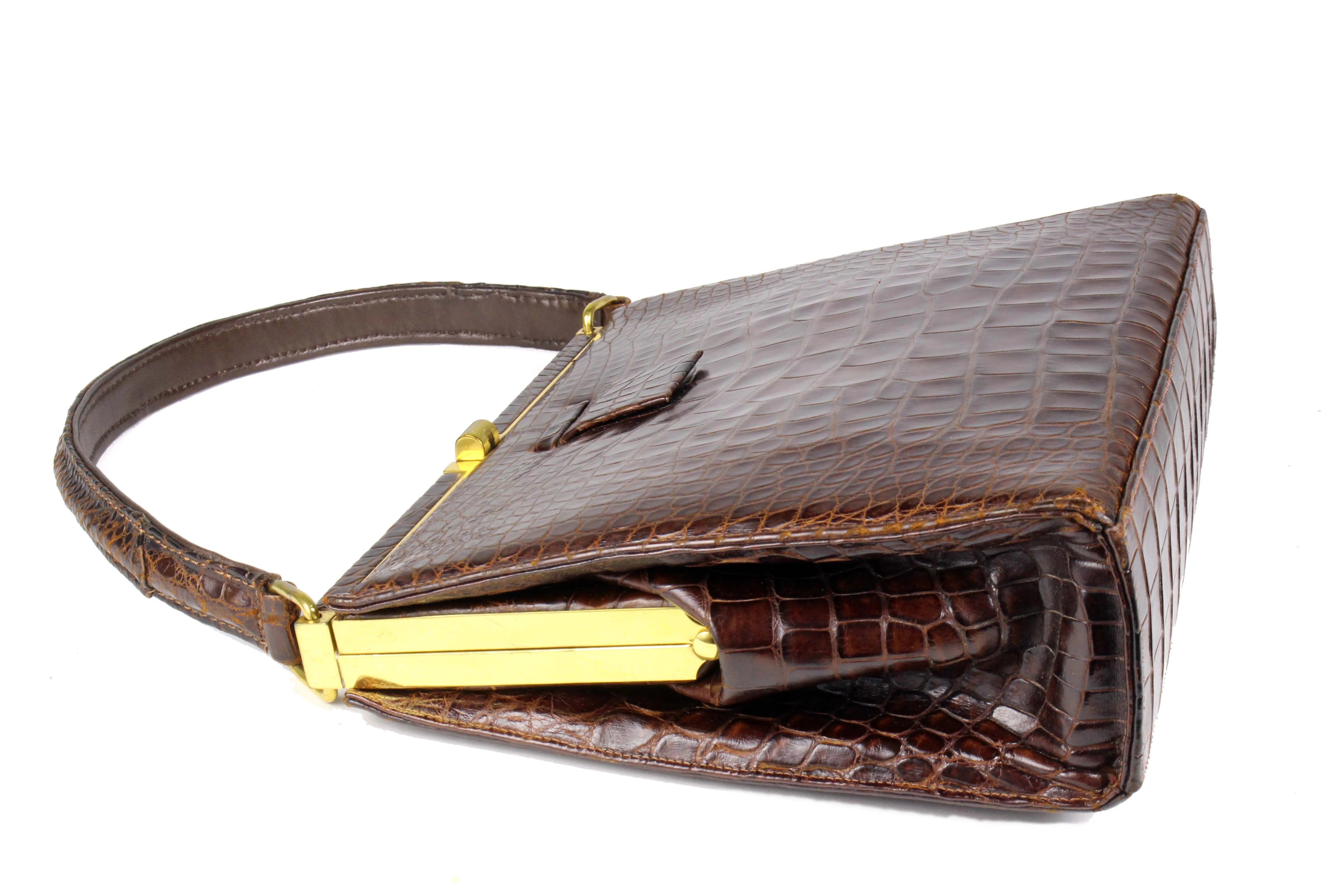 LUCILLE DE PARIS brown crocodile skin handbag with single handle