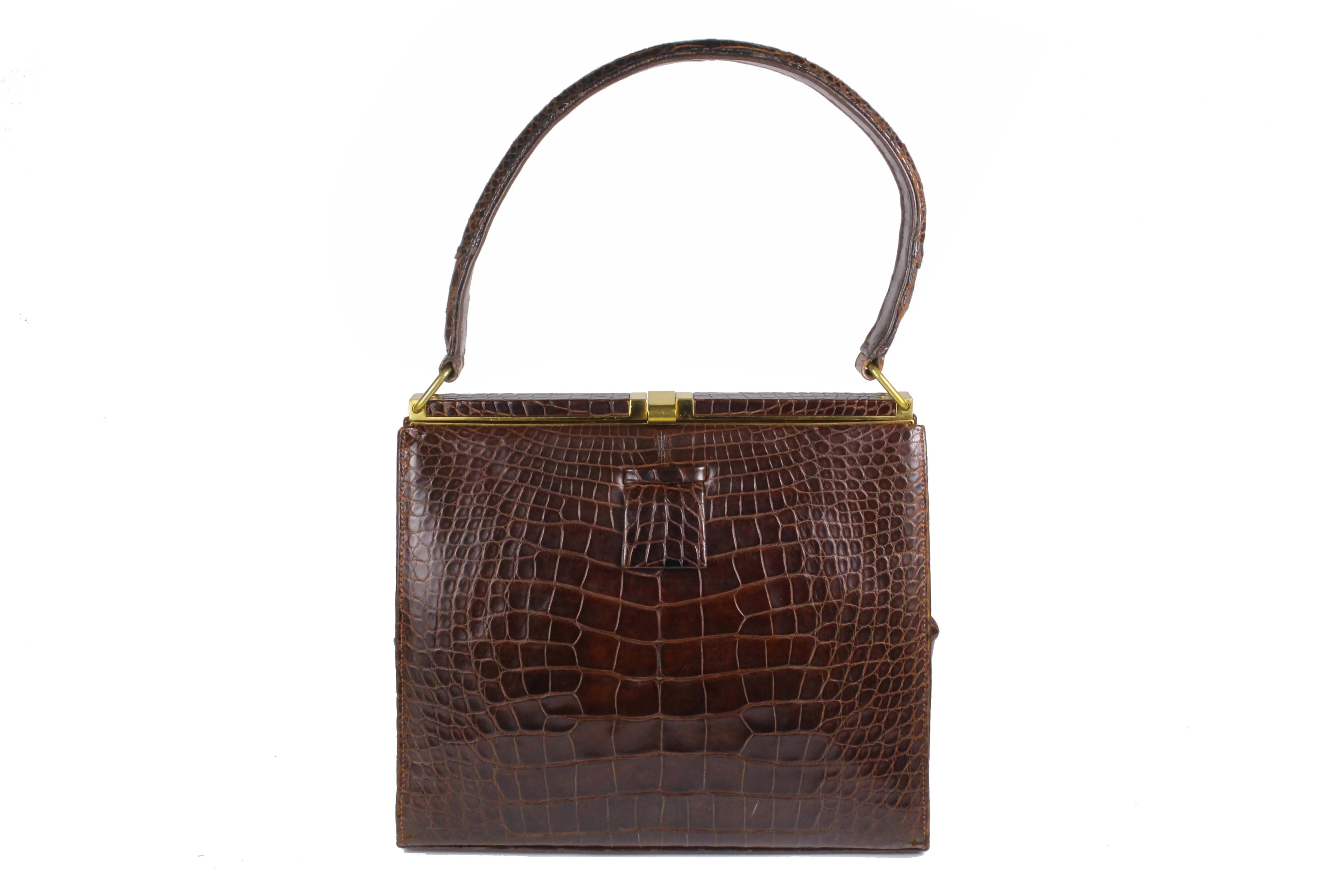 LUCILLE DE PARIS brown crocodile skin handbag with single handle