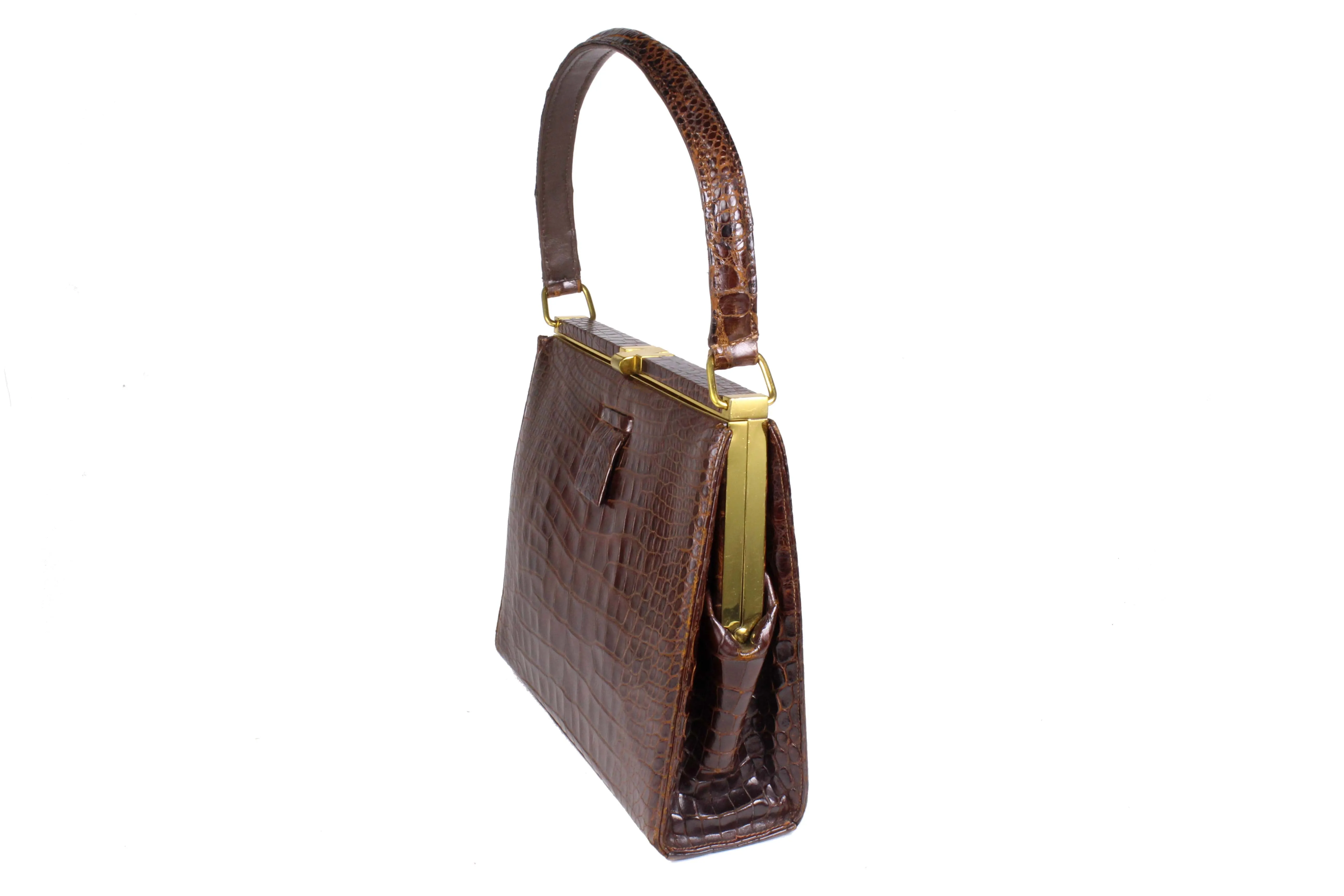 LUCILLE DE PARIS brown crocodile skin handbag with single handle