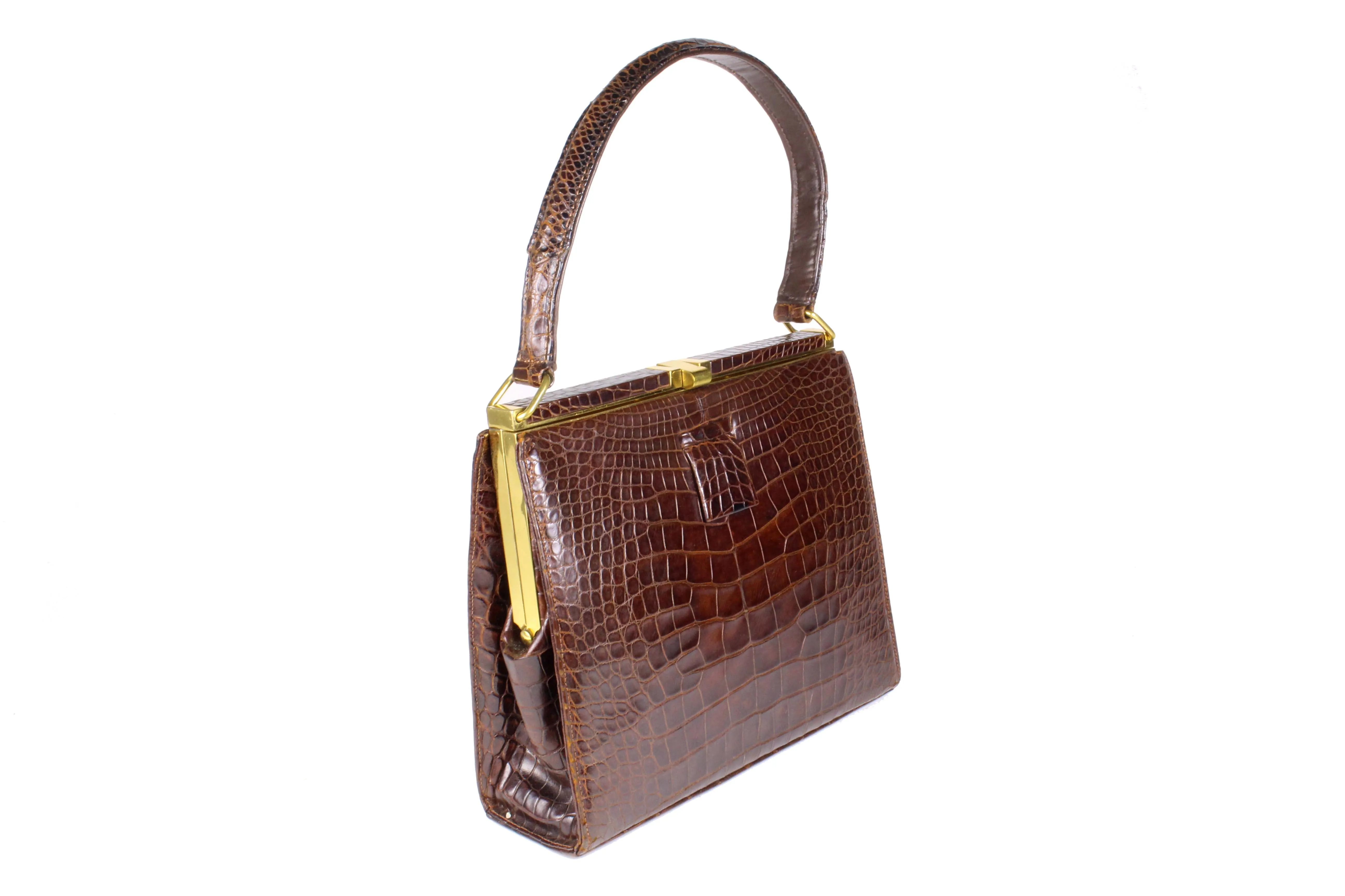 LUCILLE DE PARIS brown crocodile skin handbag with single handle