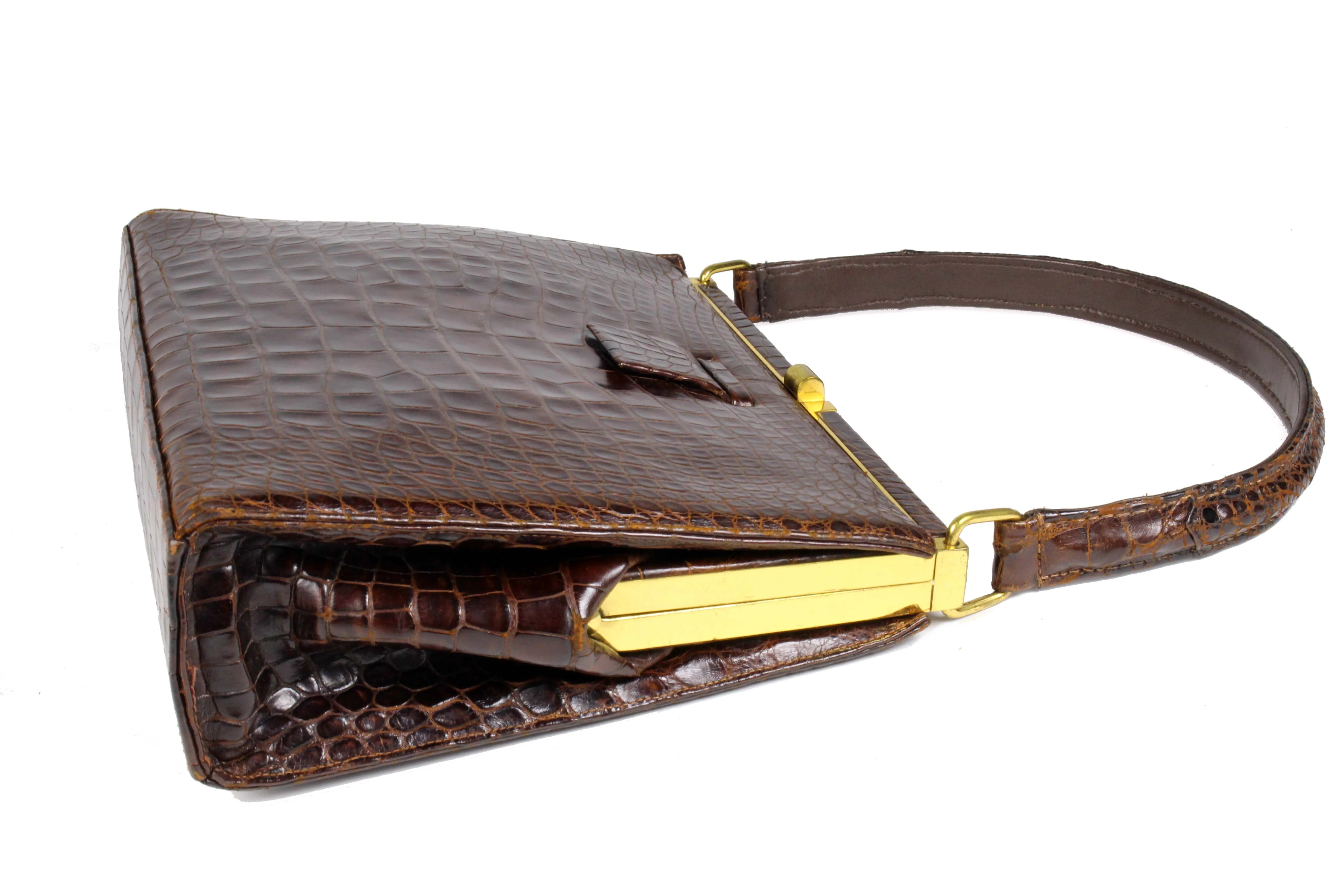 LUCILLE DE PARIS brown crocodile skin handbag with single handle