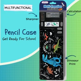 Multi-Function Pencil Case - Pop Out Calculator & Pencil Sharpener (Dinosaur, Black)