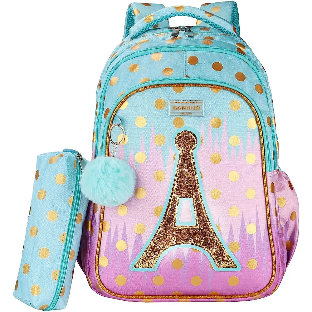 (NET) Sarhlio Kids Backpack 16" for Girls with Pencil Case Ball Pendant Cute Bookbag Lightweight Durable Water Resistant School Backpack Set for Elementary School Outdoor Travel Sequin Tower / 19218