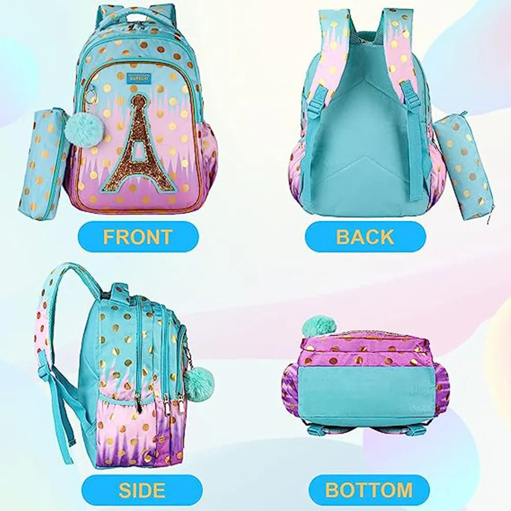 (NET) Sarhlio Kids Backpack 16" for Girls with Pencil Case Ball Pendant Cute Bookbag Lightweight Durable Water Resistant School Backpack Set for Elementary School Outdoor Travel Sequin Tower / 19218