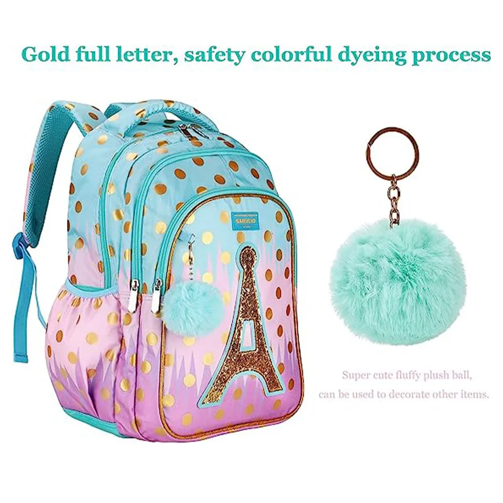 (NET) Sarhlio Kids Backpack 16" for Girls with Pencil Case Ball Pendant Cute Bookbag Lightweight Durable Water Resistant School Backpack Set for Elementary School Outdoor Travel Sequin Tower / 19218