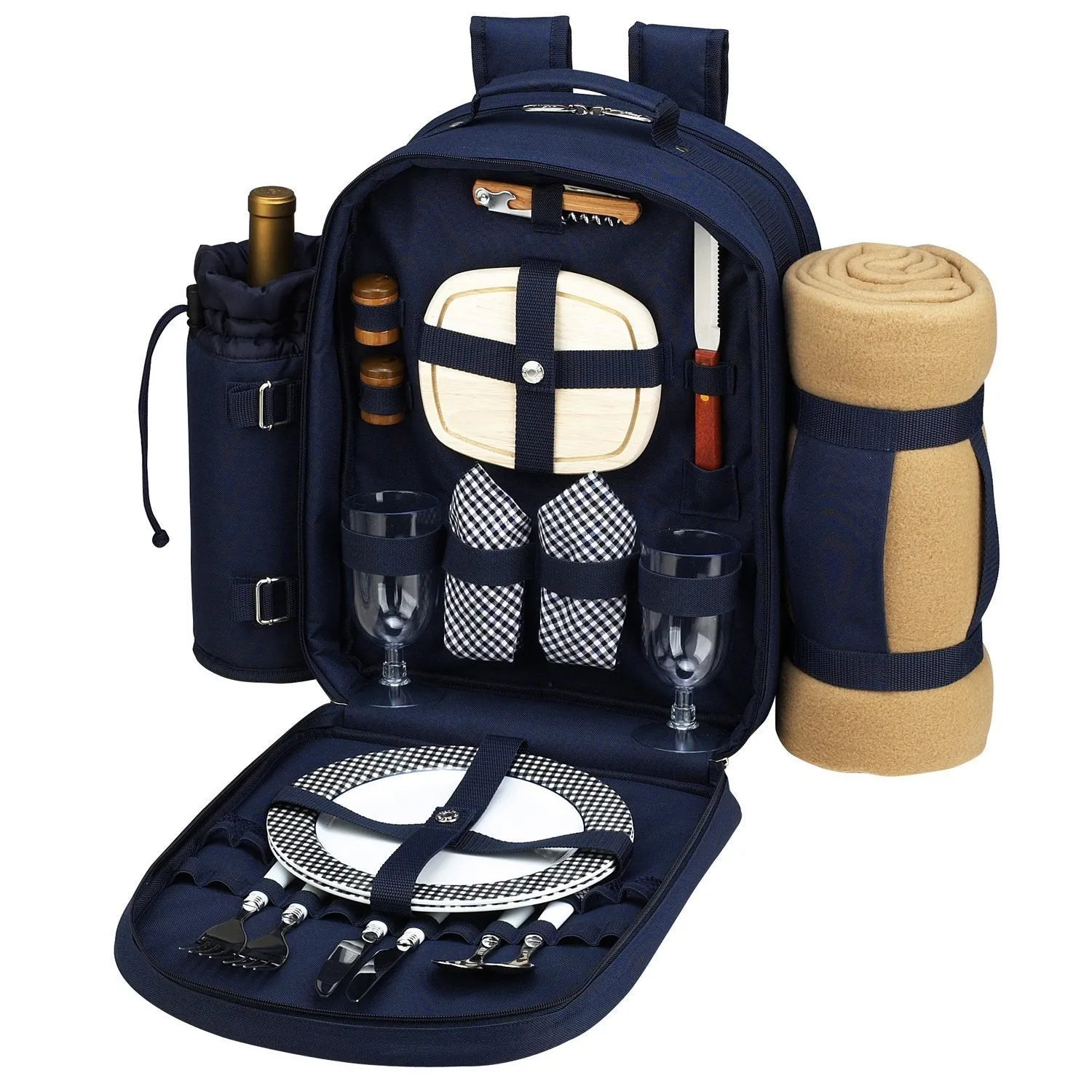 Picnic at Ascot - Deluxe Equipped 2 Person Picnic Backpack with Cooler, Insulated Wine Holder and Blanket - Navy