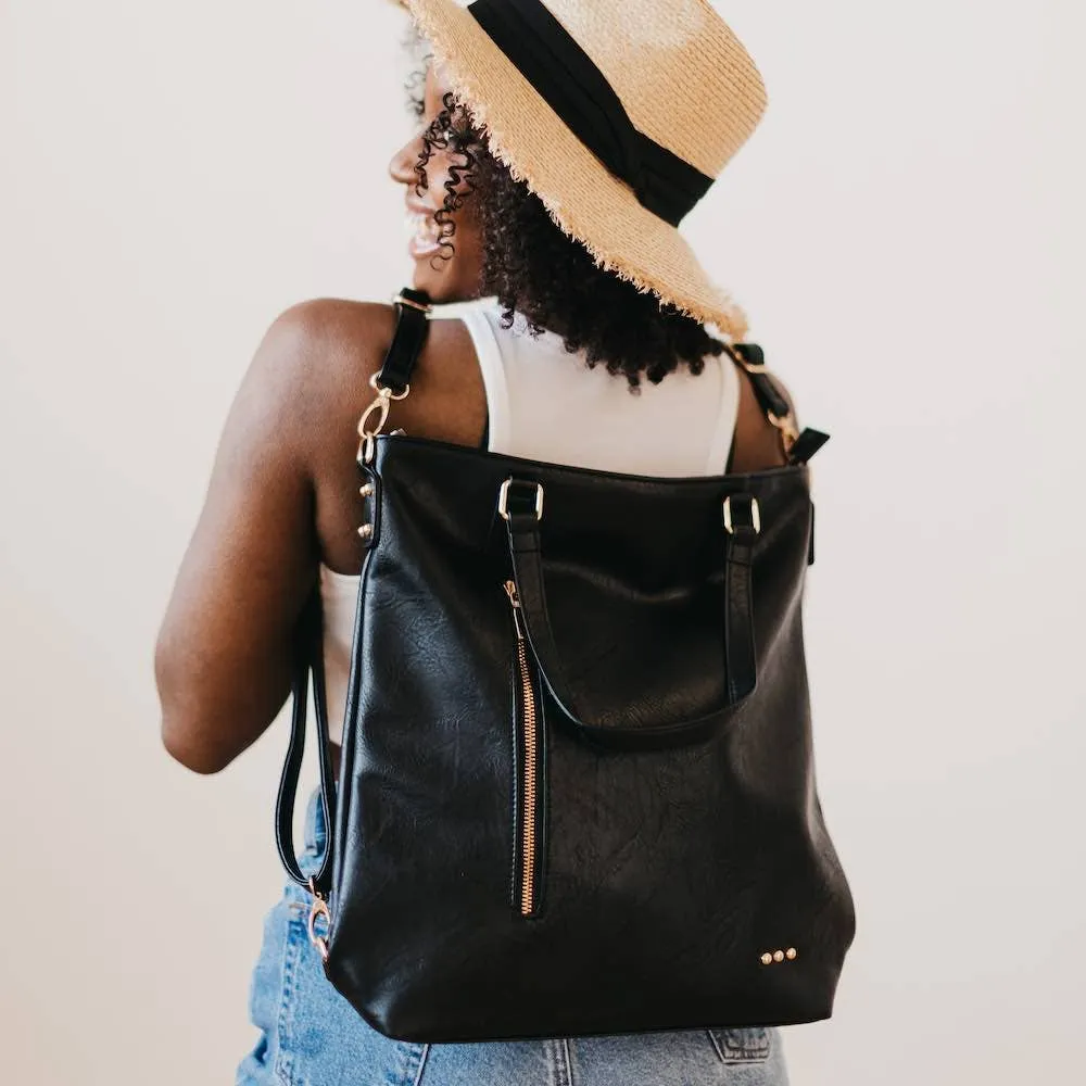 Pretty Simple | Upper East Side Vegan Leather Backpack & Crossbody Tote Bag: Black