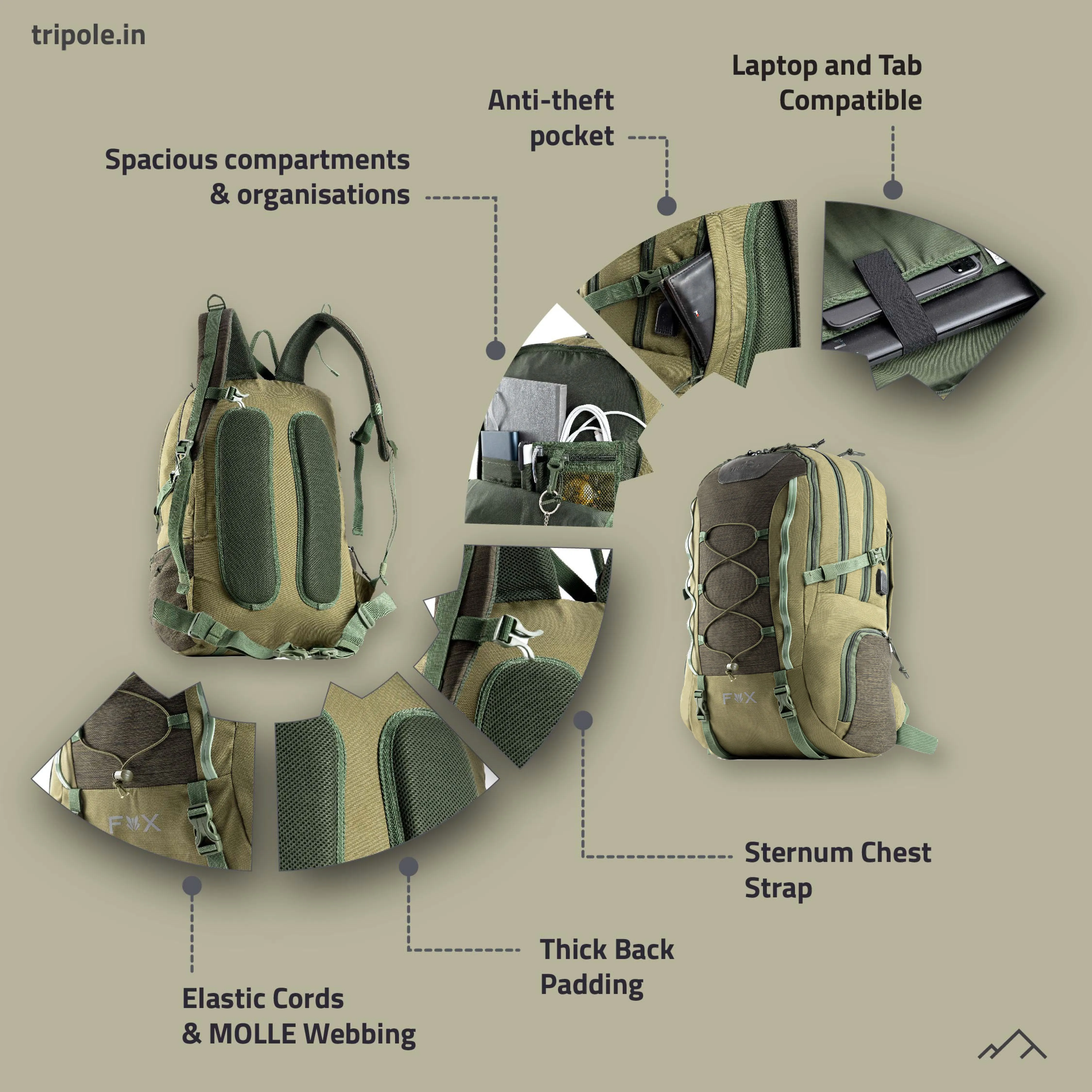 Tripole  Fox Internal Frame Laptop Backpack | Olive Green