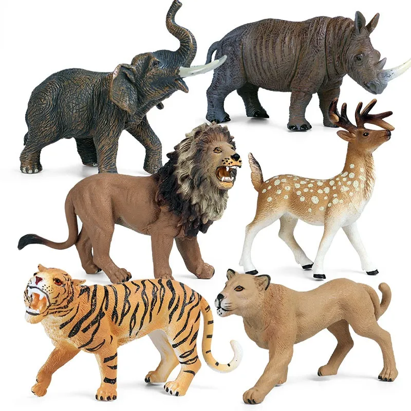 Wild Animals Elephant Lion Tiger Rhino White Tail Deer Cheetah Model PVC Action Figures Dimensions toys for children