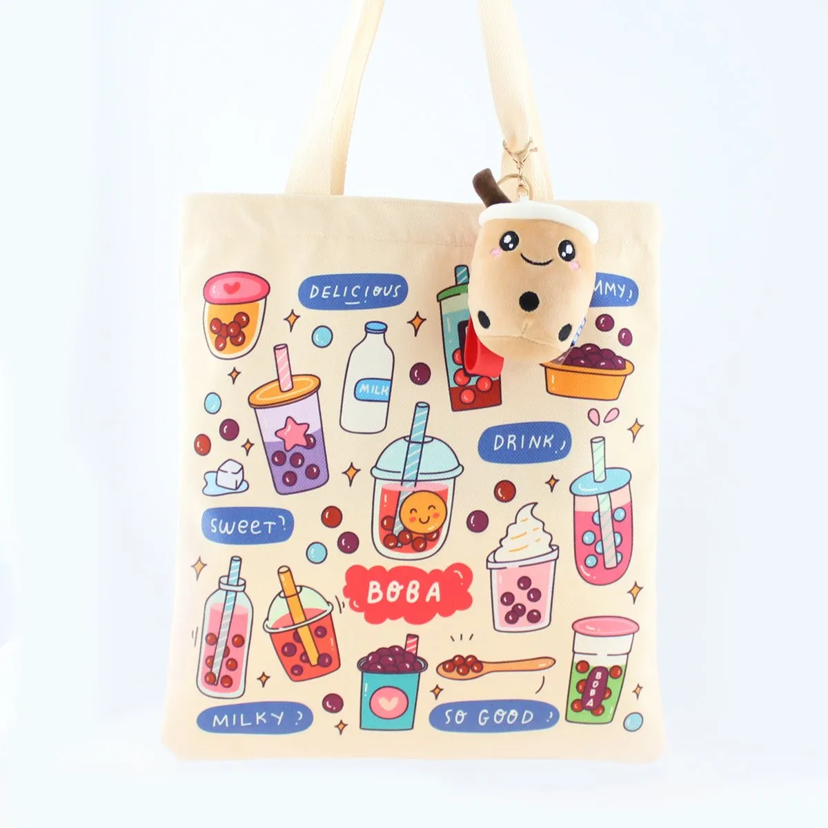 Women Tote Bag, Flannel Boba Bag Print on Both Sides, Bubble Tea Tote Bag