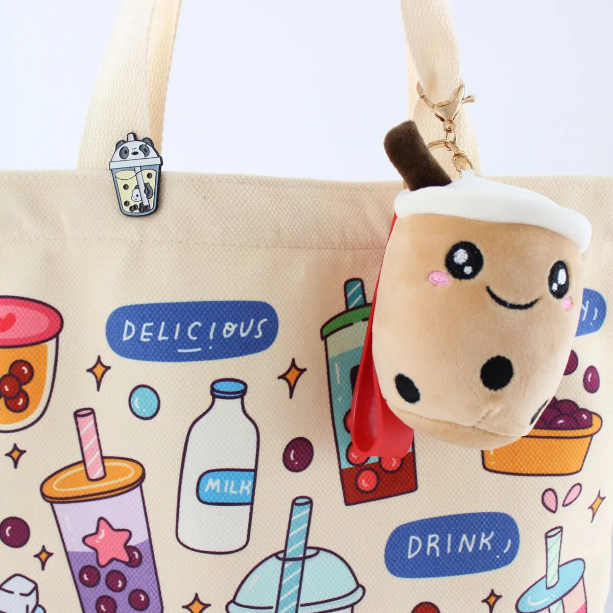 Women Tote Bag, Flannel Boba Bag Print on Both Sides, Bubble Tea Tote Bag