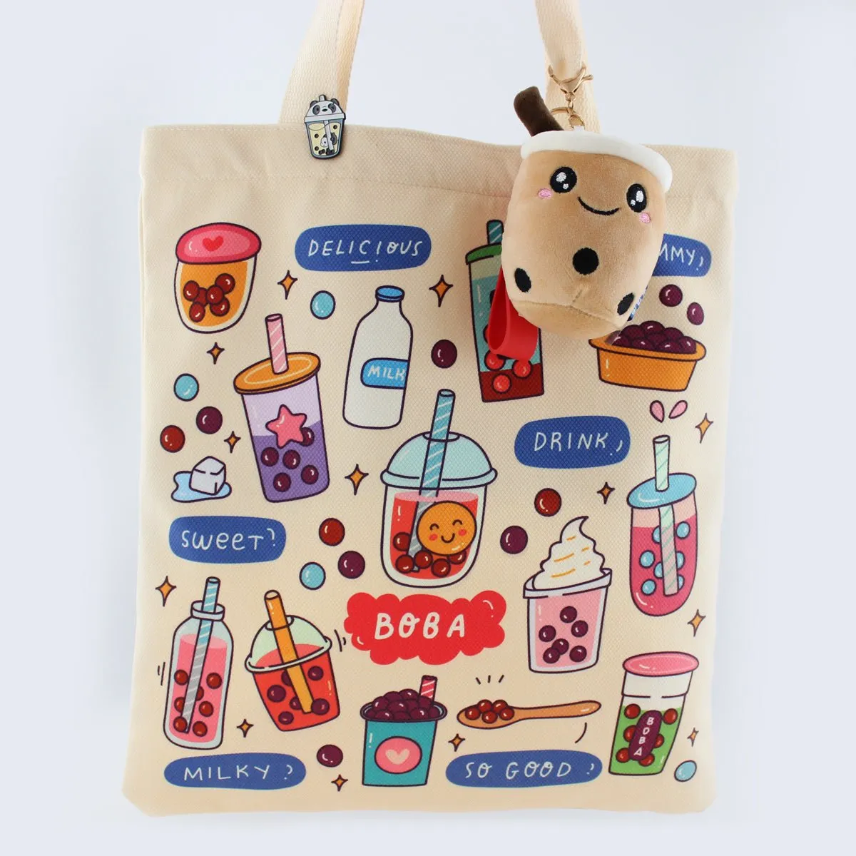 Women Tote Bag, Flannel Boba Bag Print on Both Sides, Bubble Tea Tote Bag